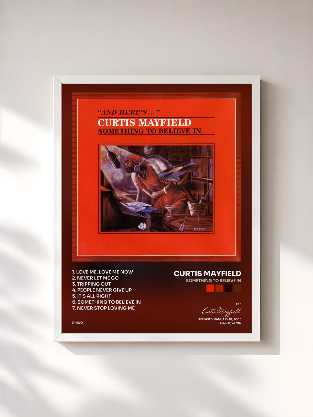 #blanc Something to Believe In de Curtis Mayfield en lámina enmarcada, marco blanco, impresa y enmarcada en Francia
