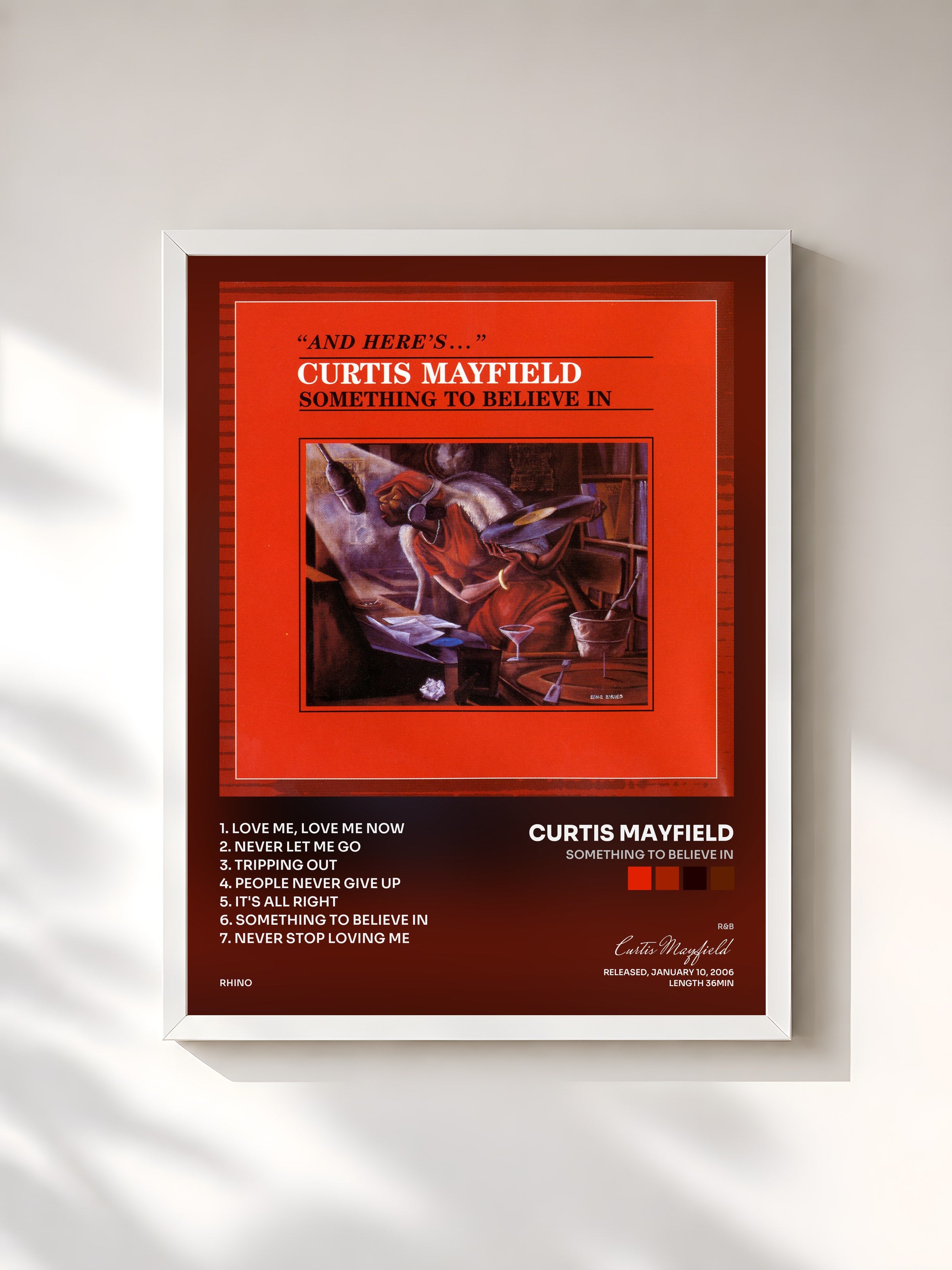 #blanc Tableau de l'album Something to Believe In de Curtis Mayfield, cadre blanc, imprimé et encadré en France
