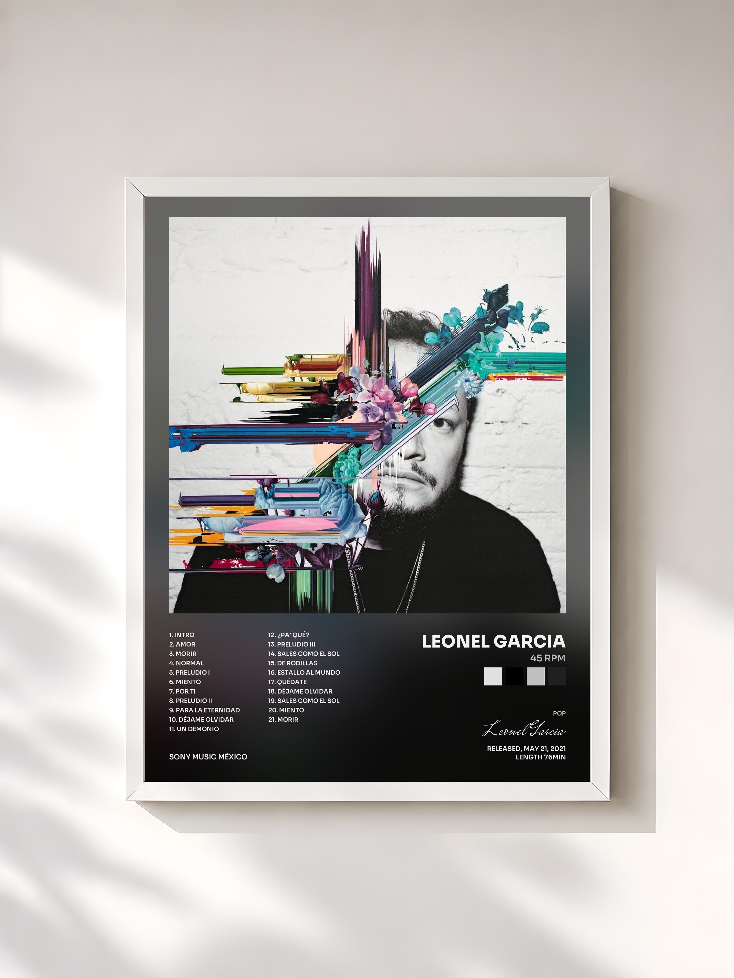 #blanc Tableau de l'album 45 RPM de Leonel Garcia, cadre blanc, imprimé et encadré en France