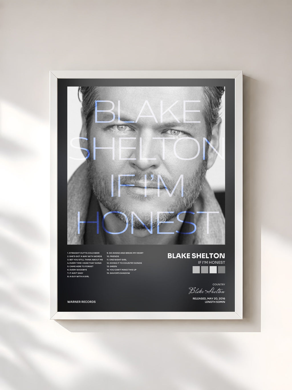 #blanc If I'm Honest de Blake Shelton en lámina enmarcada, marco blanco, impresa y enmarcada en Francia