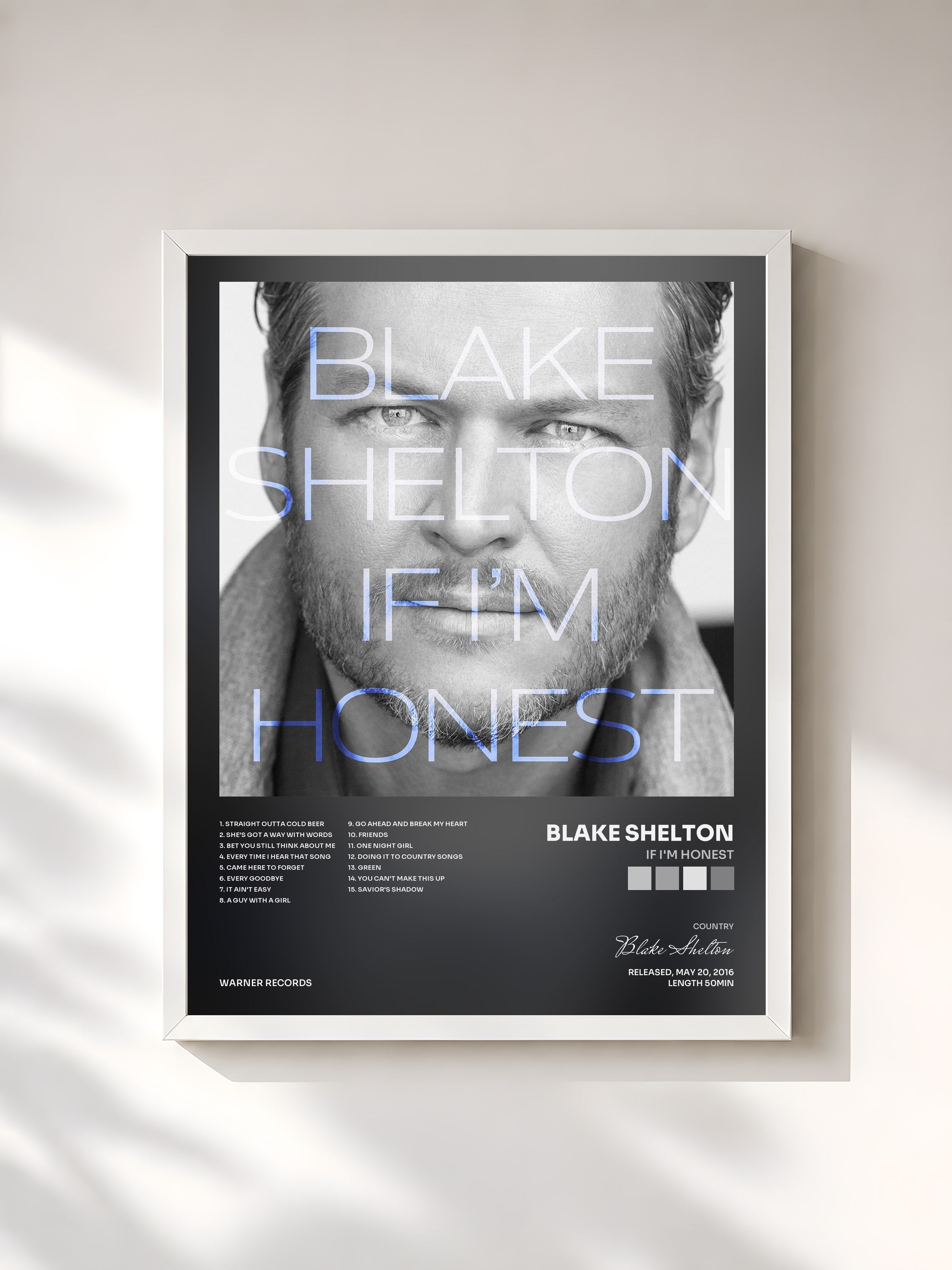 #blanc Tableau de l'album If I'm Honest de Blake Shelton, cadre blanc, imprimé et encadré en France