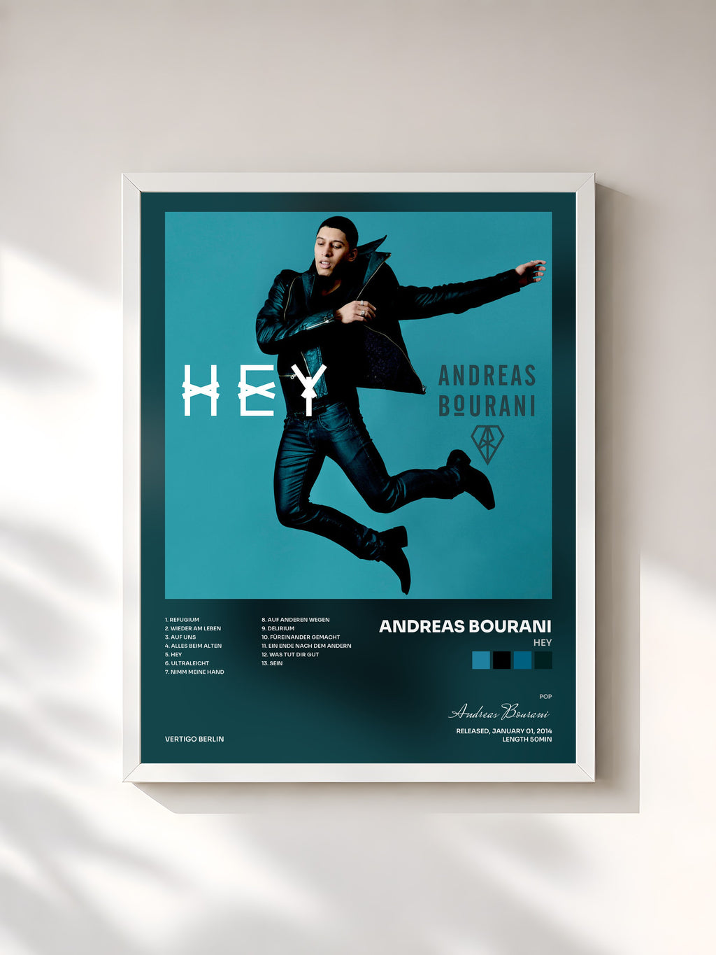 #blanc Tableau de l'album Hey de Andreas Bourani, cadre blanc, imprimé et encadré en France