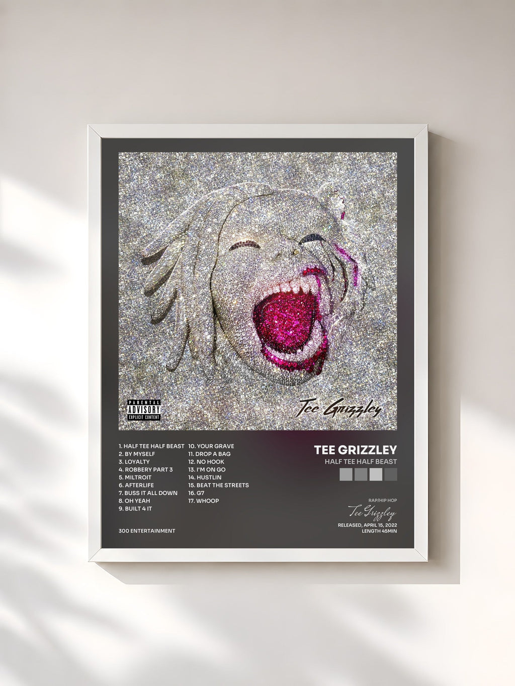 #blanc Half Tee Half Beast by Tee Grizzley as a framed art print, white frame, printed and framed in France
