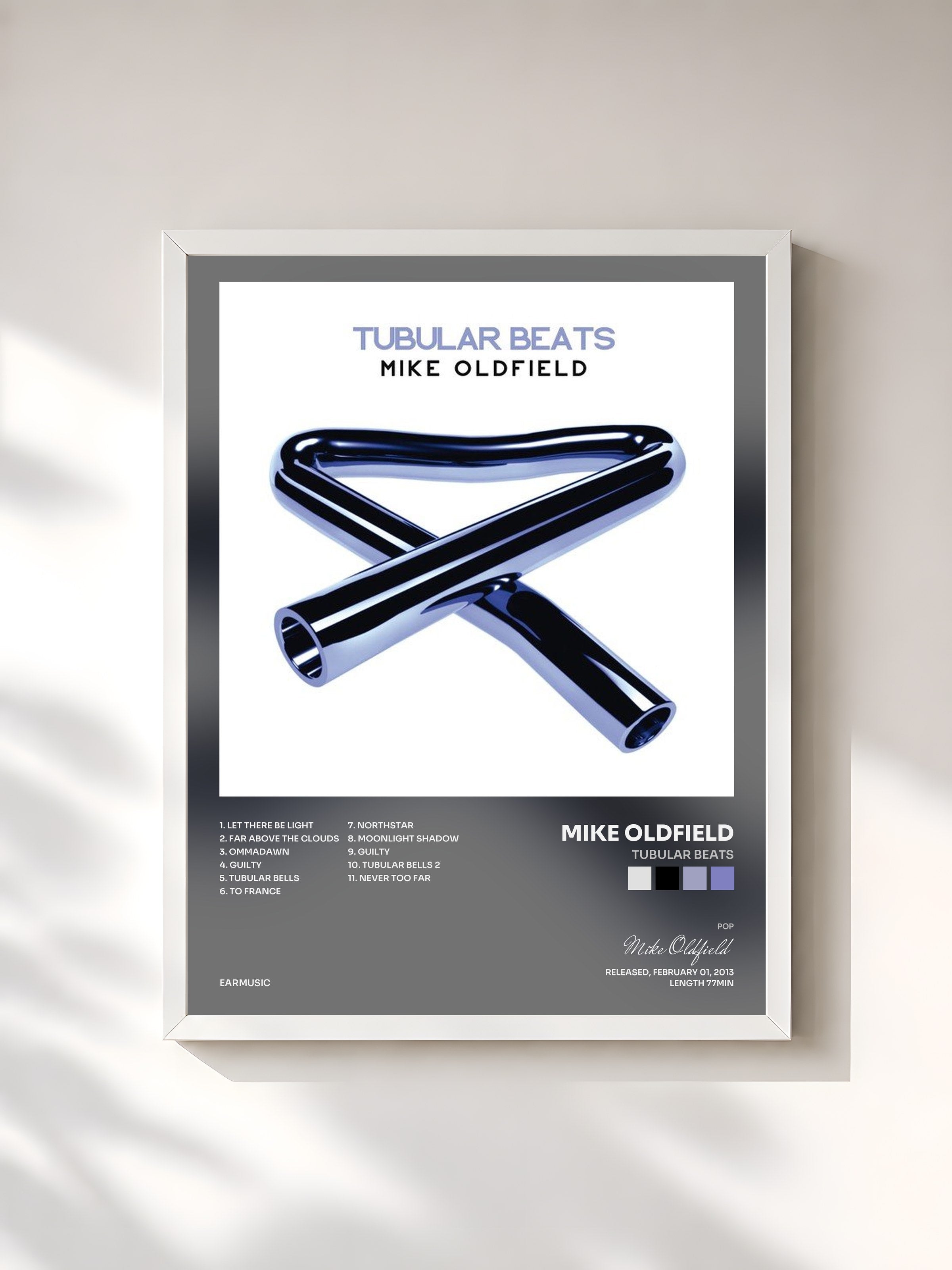 #blanc Tableau de l'album Tubular Beats de Mike Oldfield, cadre blanc, imprimé et encadré en France
