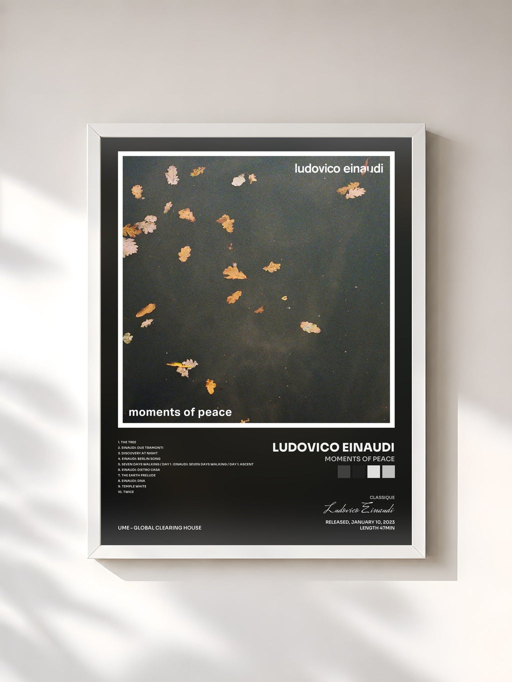#blanc Moments of Peace by Ludovico Einaudi as a framed art print, white frame, printed and framed in France