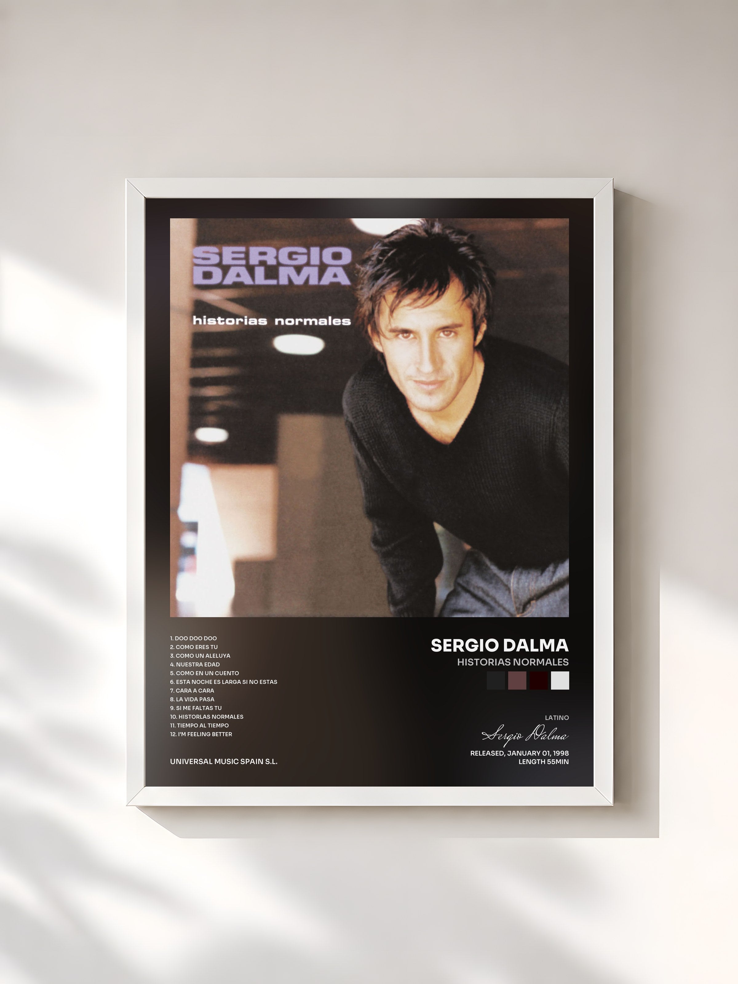 #blanc Tableau de l'album Historias Normales de Sergio Dalma, cadre blanc, imprimé et encadré en France