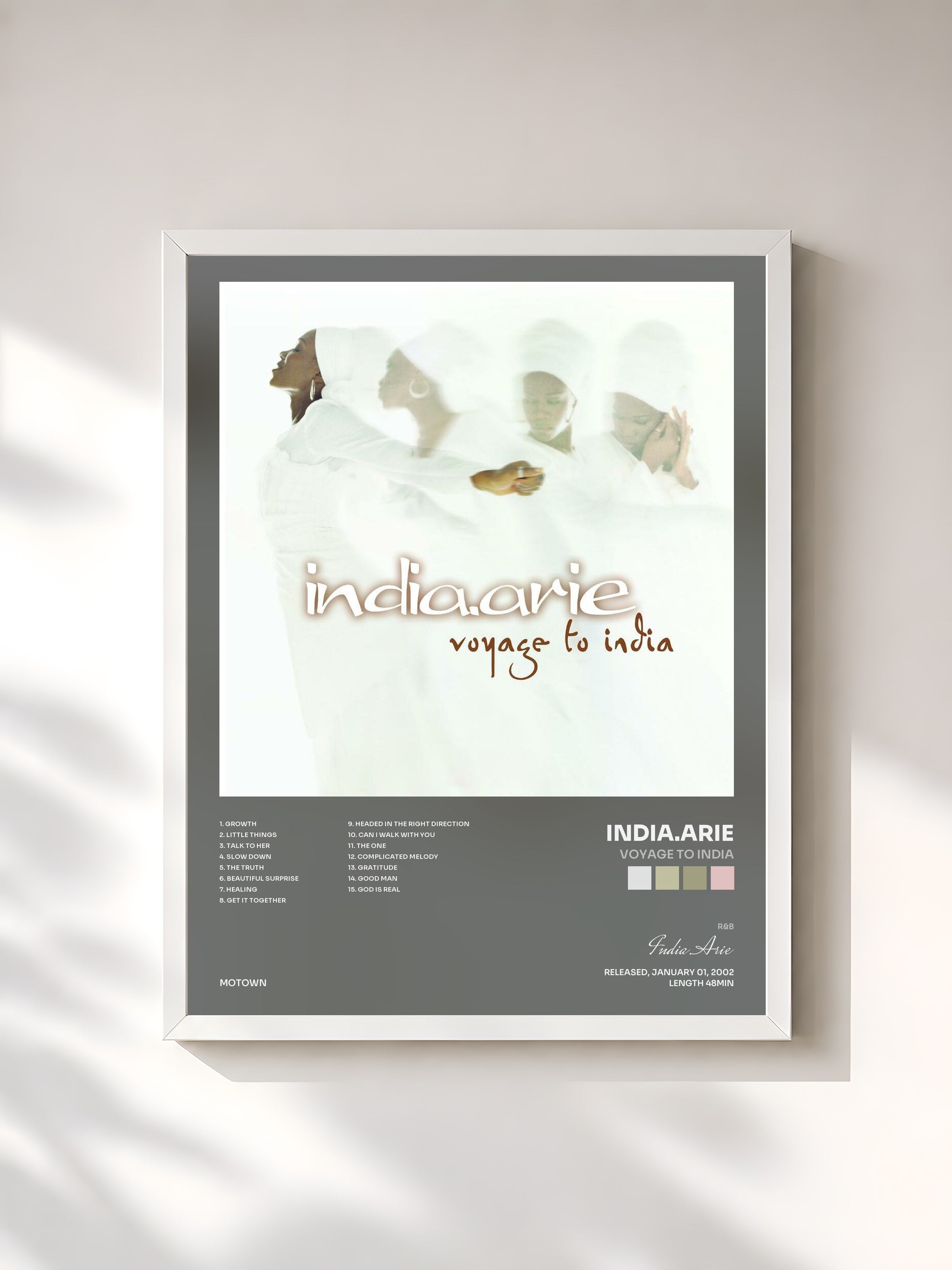 #blanc Tableau de l'album Voyage To India de India.Arie, cadre blanc, imprimé et encadré en France