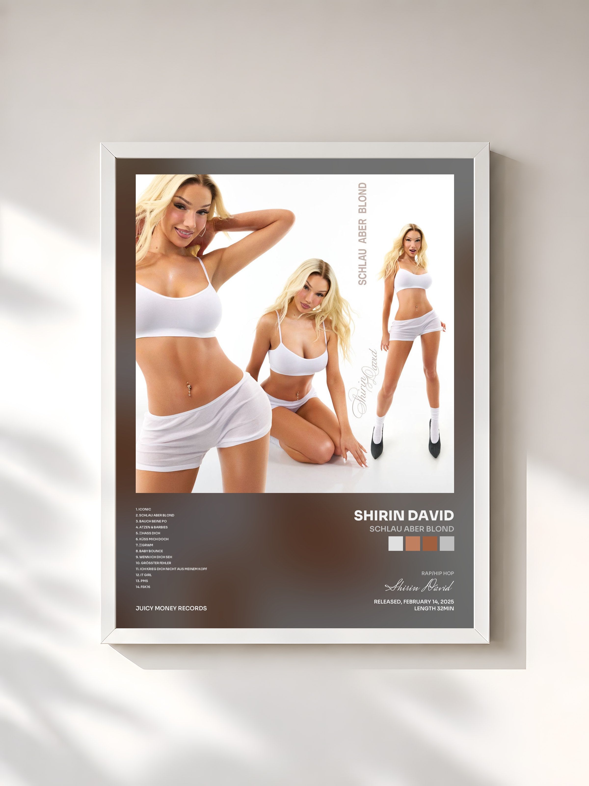 #blanc Tableau de l'album Schlau aber blond de Shirin David, cadre blanc, imprimé et encadré en France