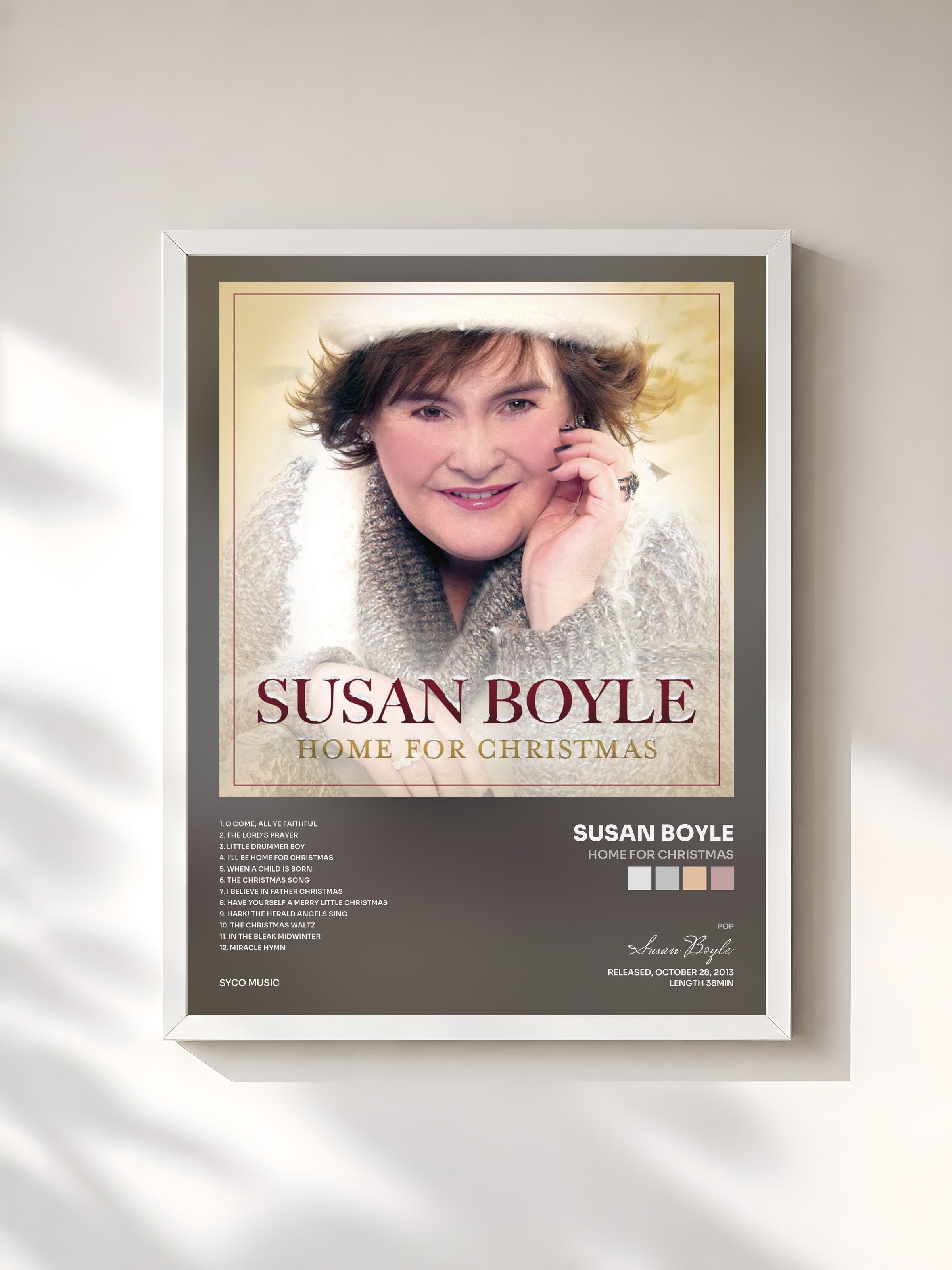 #blanc Tableau de l'album Home for Christmas de Susan Boyle, cadre blanc, imprimé et encadré en France