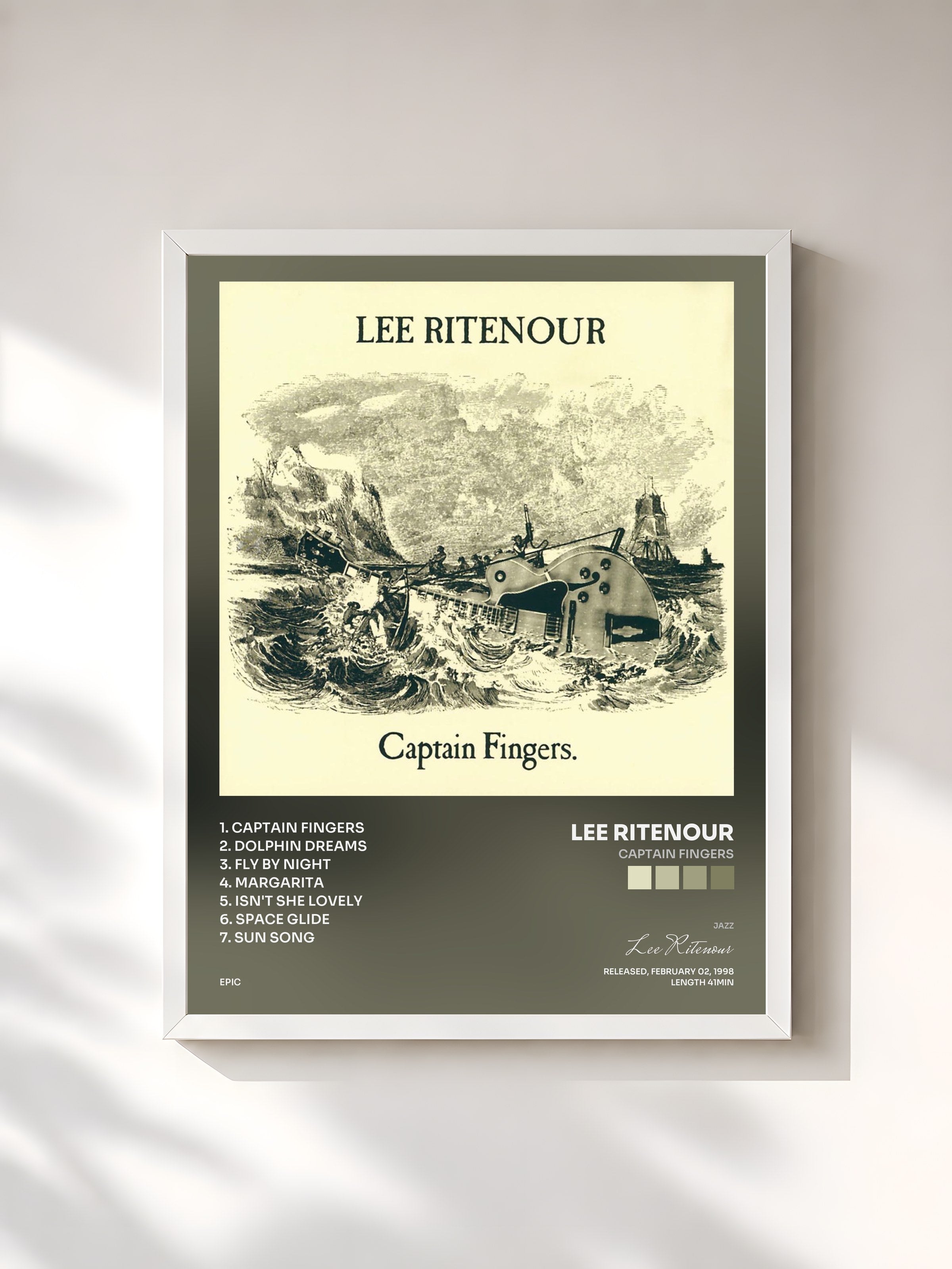#blanc Tableau de l'album CAPTAIN FINGERS de Lee Ritenour, cadre blanc, imprimé et encadré en France