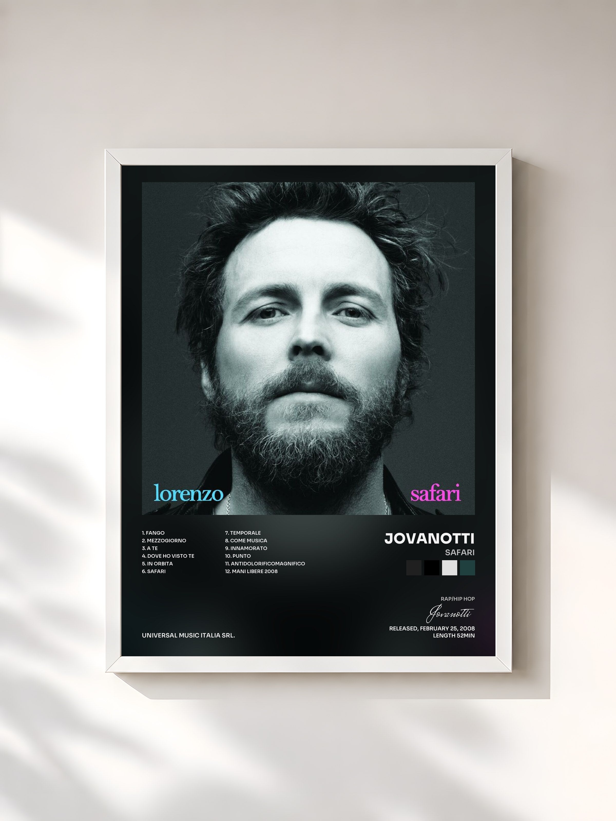 #blanc Tableau de l'album Safari de Jovanotti, cadre blanc, imprimé et encadré en France