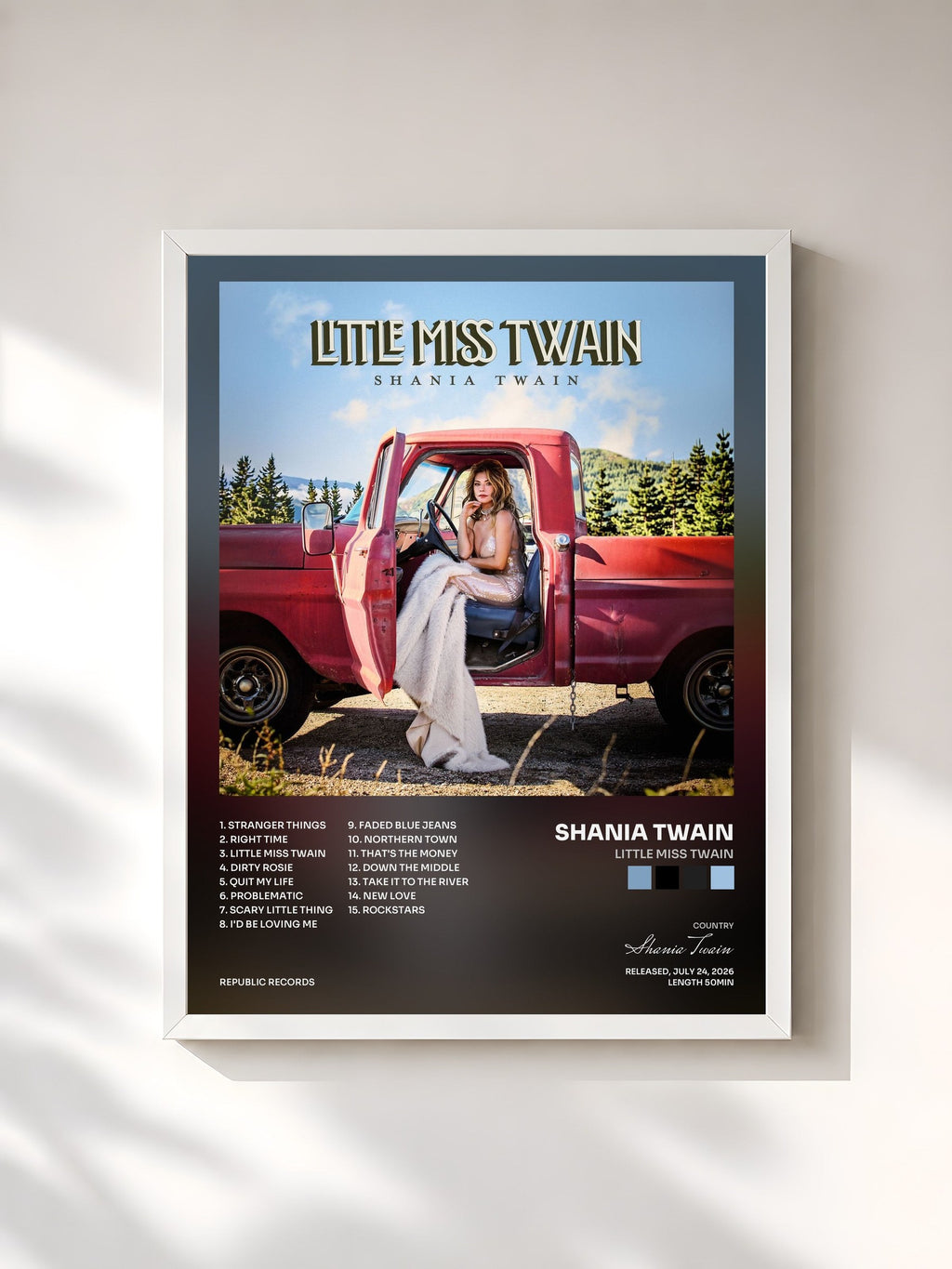 #blanc Tableau de l'album Little Miss Twain de Shania Twain, cadre blanc, imprimé et encadré en France