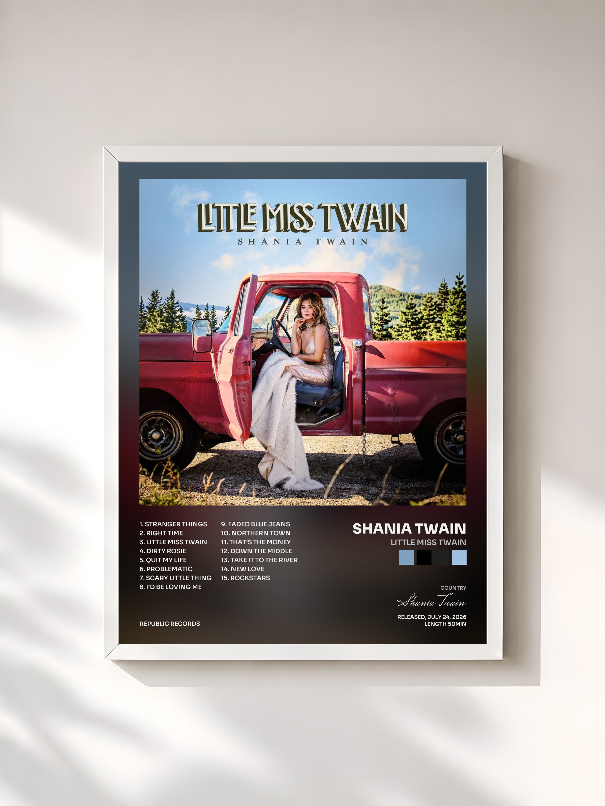 #blanc Tableau de l'album Little Miss Twain de Shania Twain, cadre blanc, imprimé et encadré en France