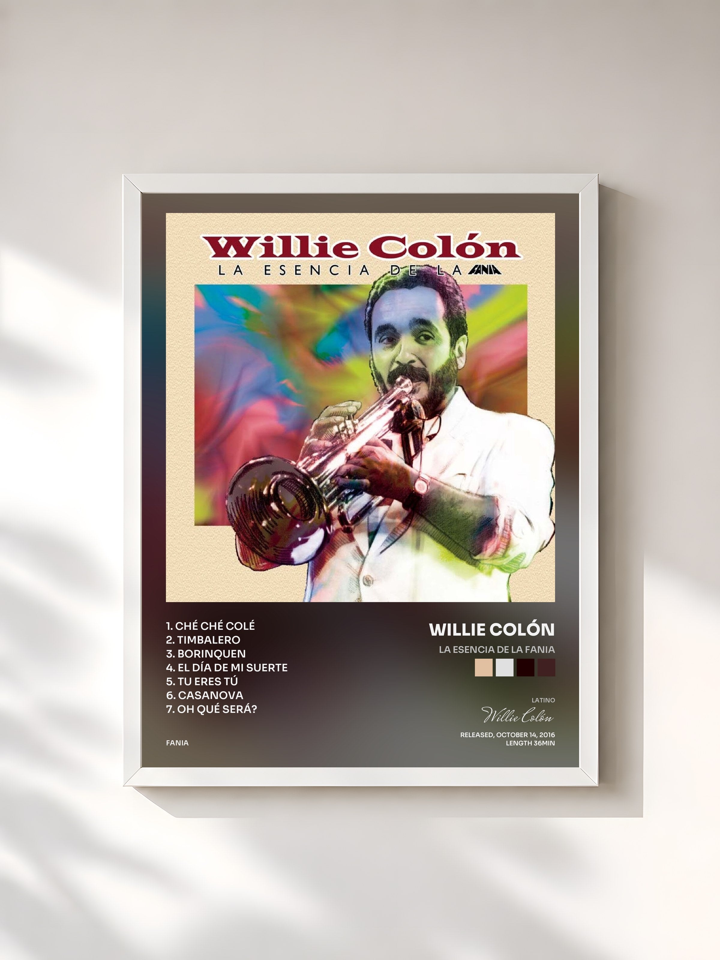 #blanc Tableau de l'album La Esencia De La Fania de Willie Colón, cadre blanc, imprimé et encadré en France