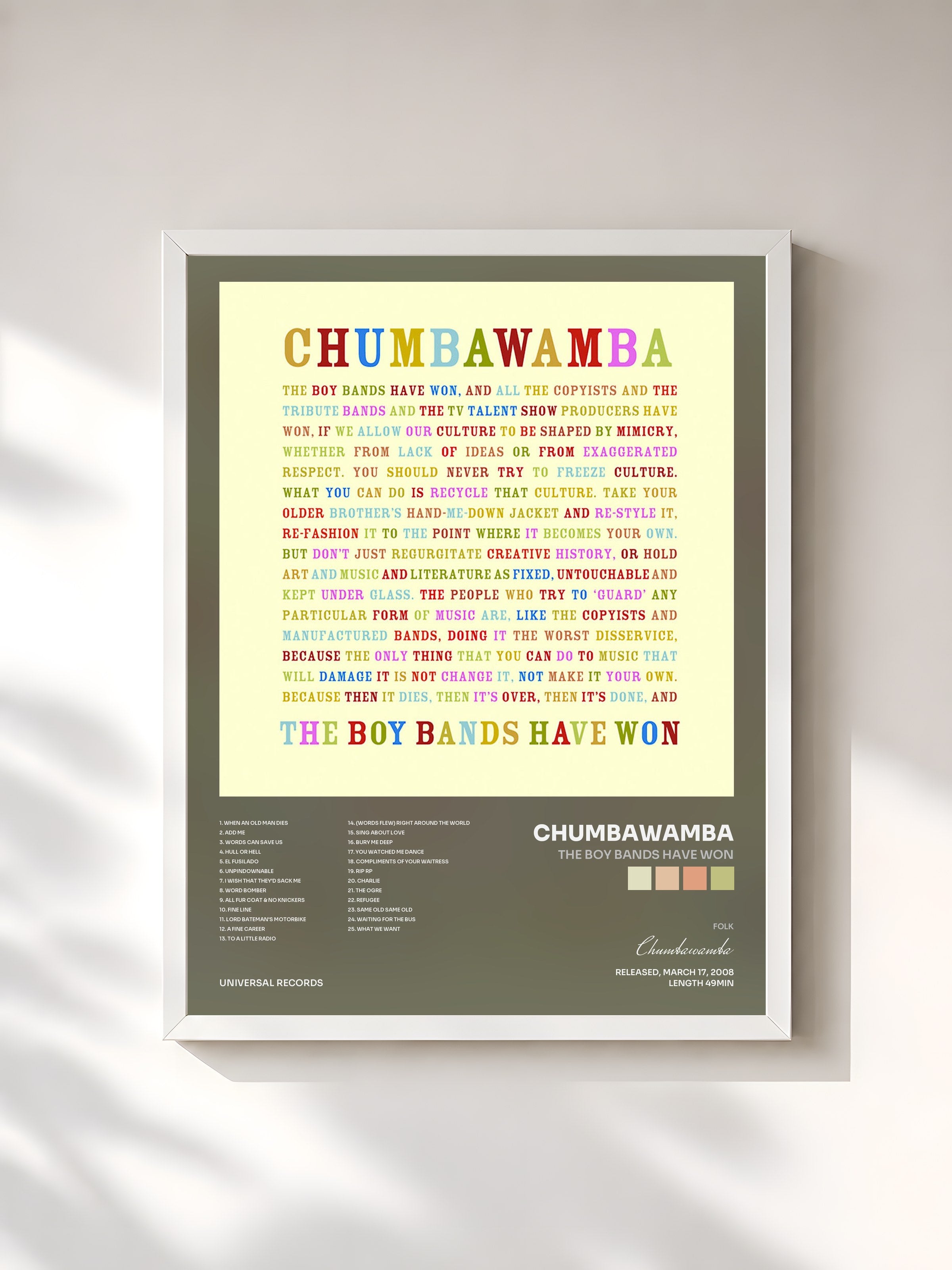 #blanc Tableau de l'album The Boy Bands Have Won de Chumbawamba, cadre blanc, imprimé et encadré en France
