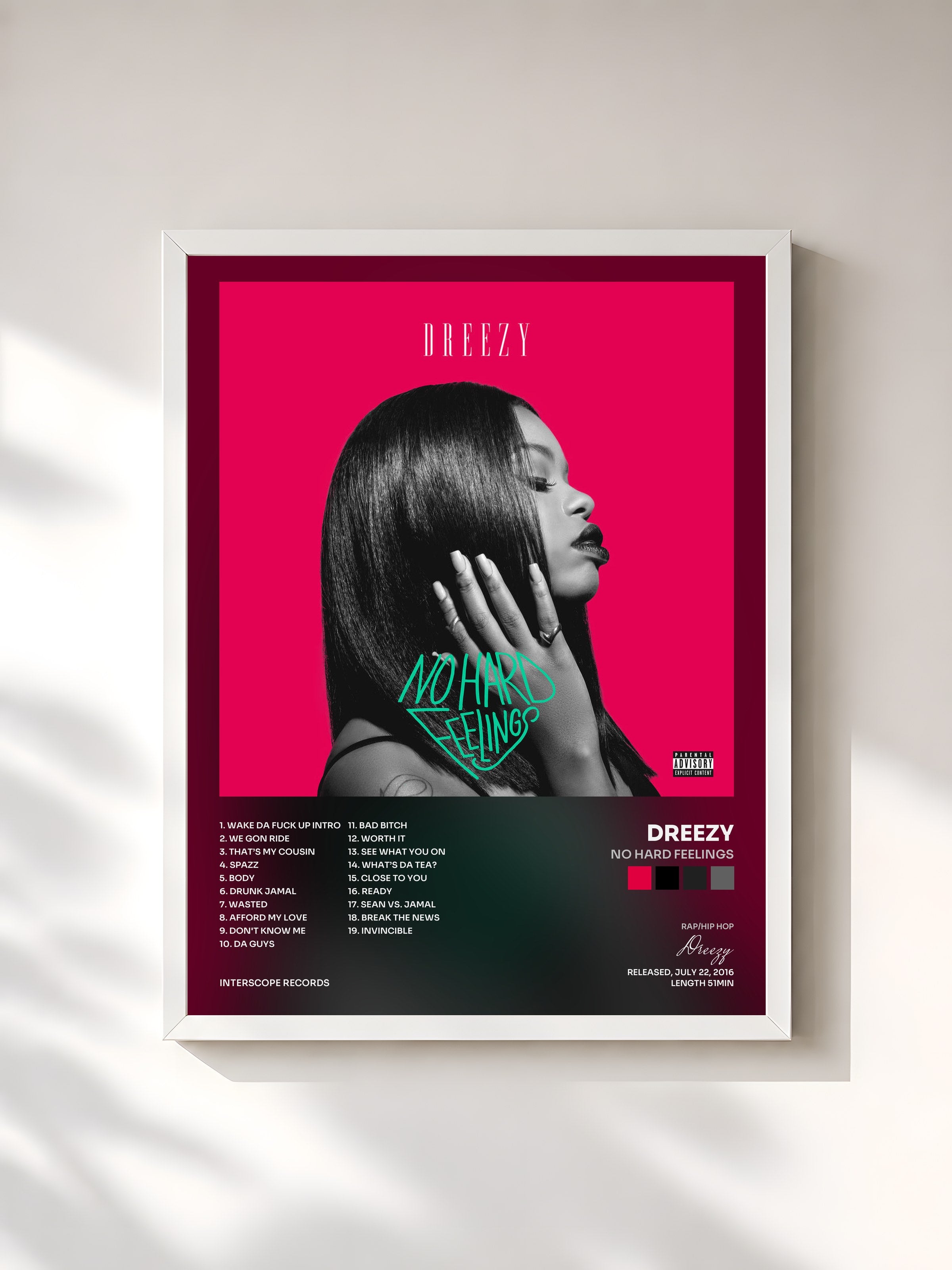 #blanc Tableau de l'album No Hard Feelings de Dreezy, cadre blanc, imprimé et encadré en France