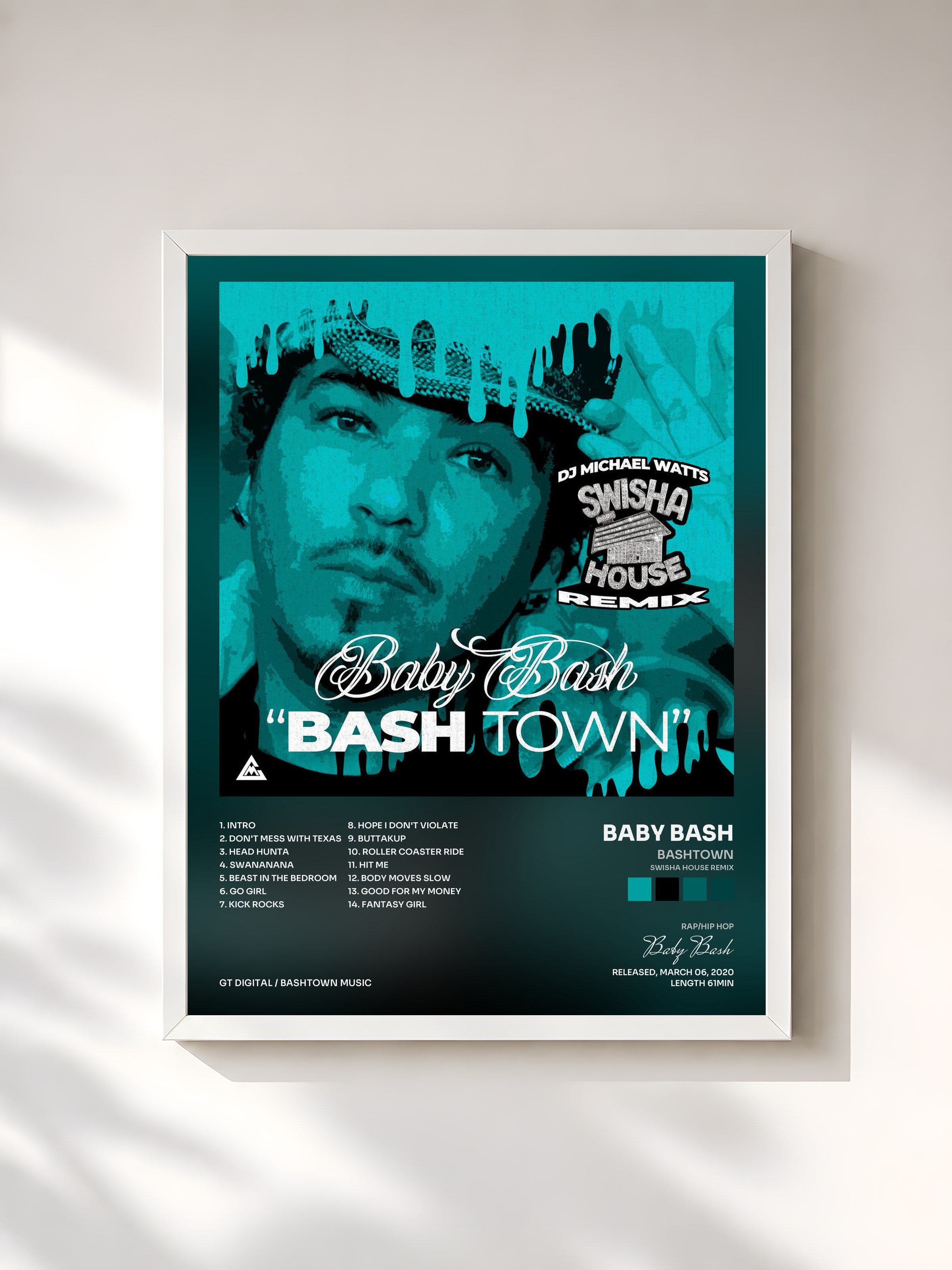 #blanc Tableau de l'album Bashtown (Swisha House Remix) de Baby Bash, cadre blanc, imprimé et encadré en France