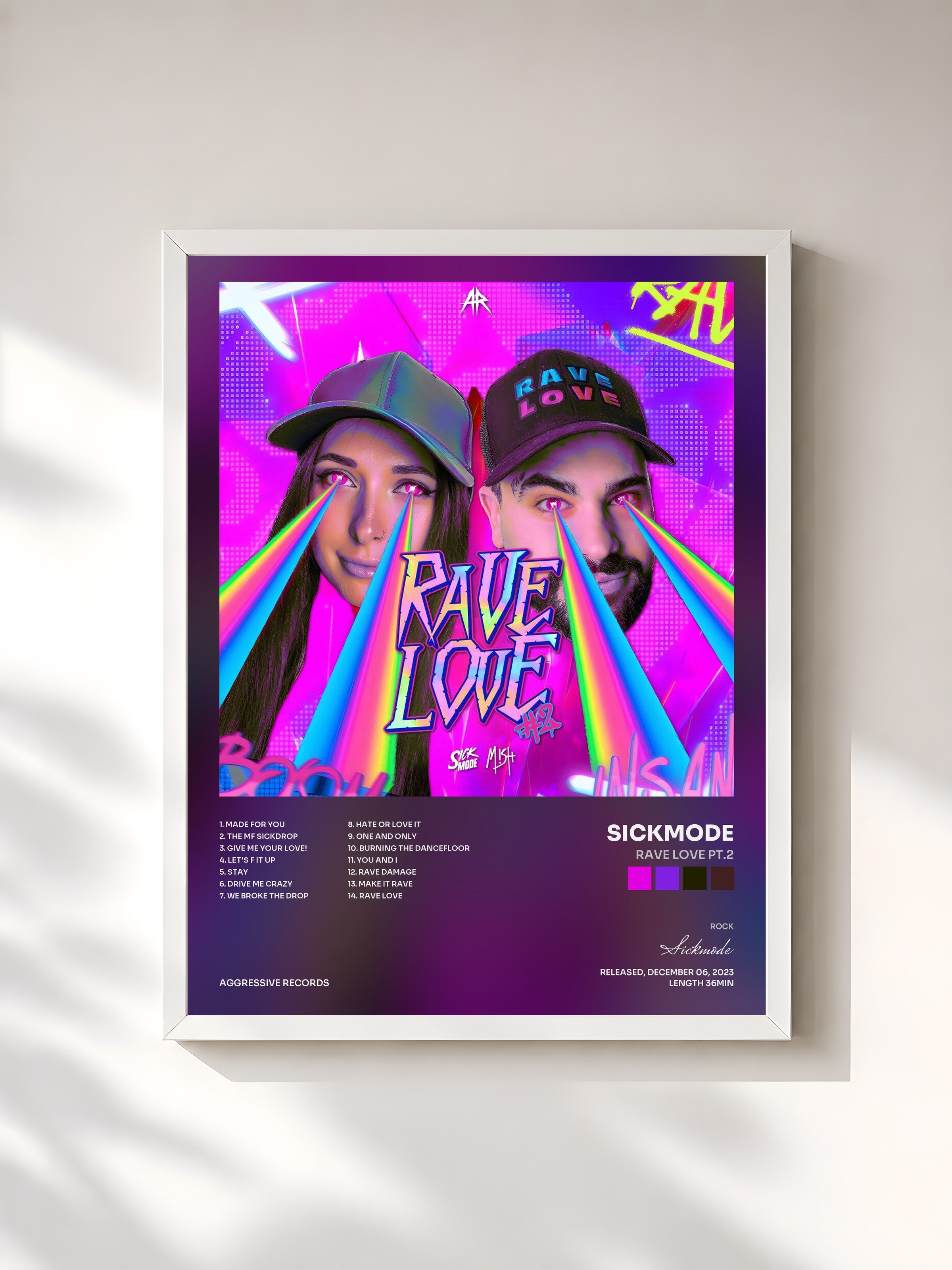 #blanc Tableau de l'album RAVE LOVE PT.2 de Sickmode, cadre blanc, imprimé et encadré en France