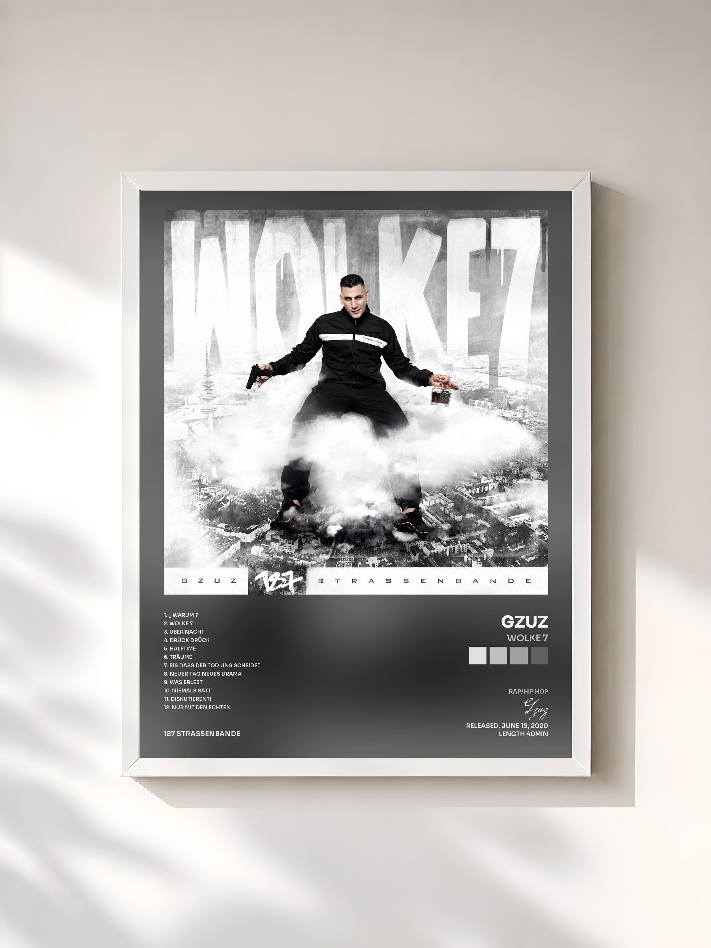 #blanc Tableau de l'album Wolke 7 de Gzuz, cadre blanc, imprimé et encadré en France