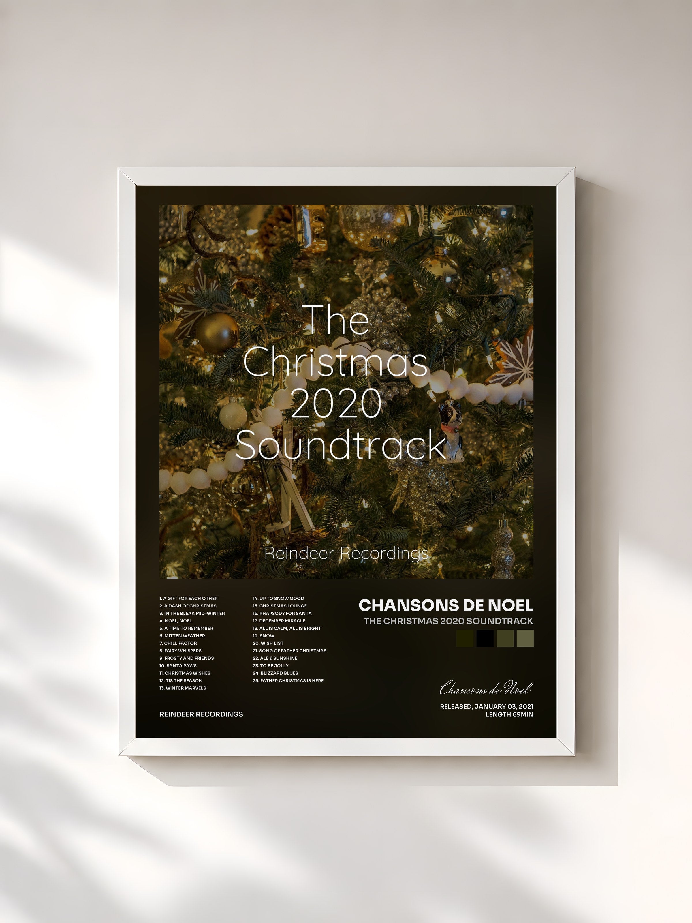 #blanc Tableau de l'album The Christmas 2020 Soundtrack de Chansons de Noel, cadre blanc, imprimé et encadré en France