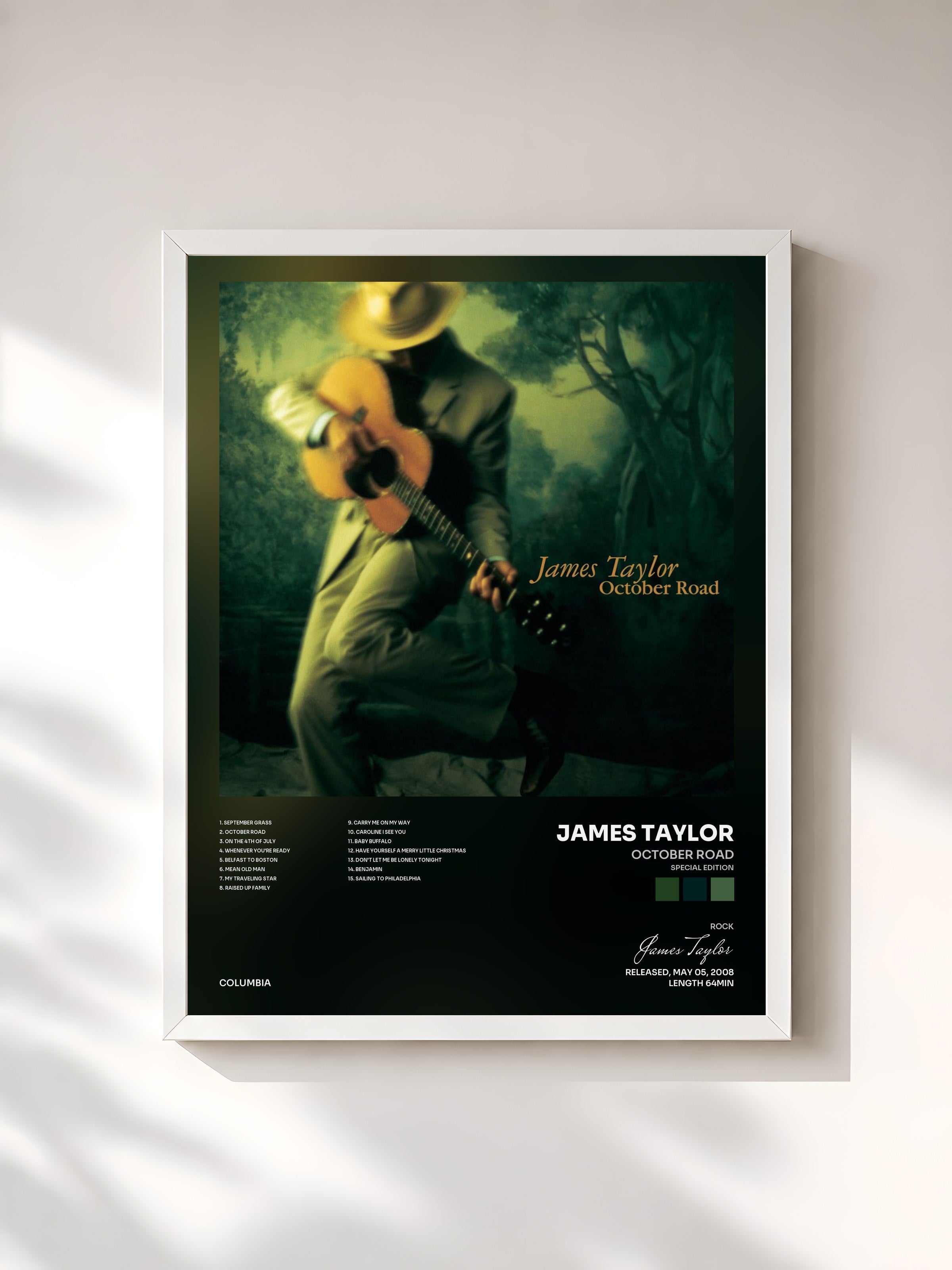 #blanc Tableau de l'album October Road (Special Edition) de James Taylor, cadre blanc, imprimé et encadré en France