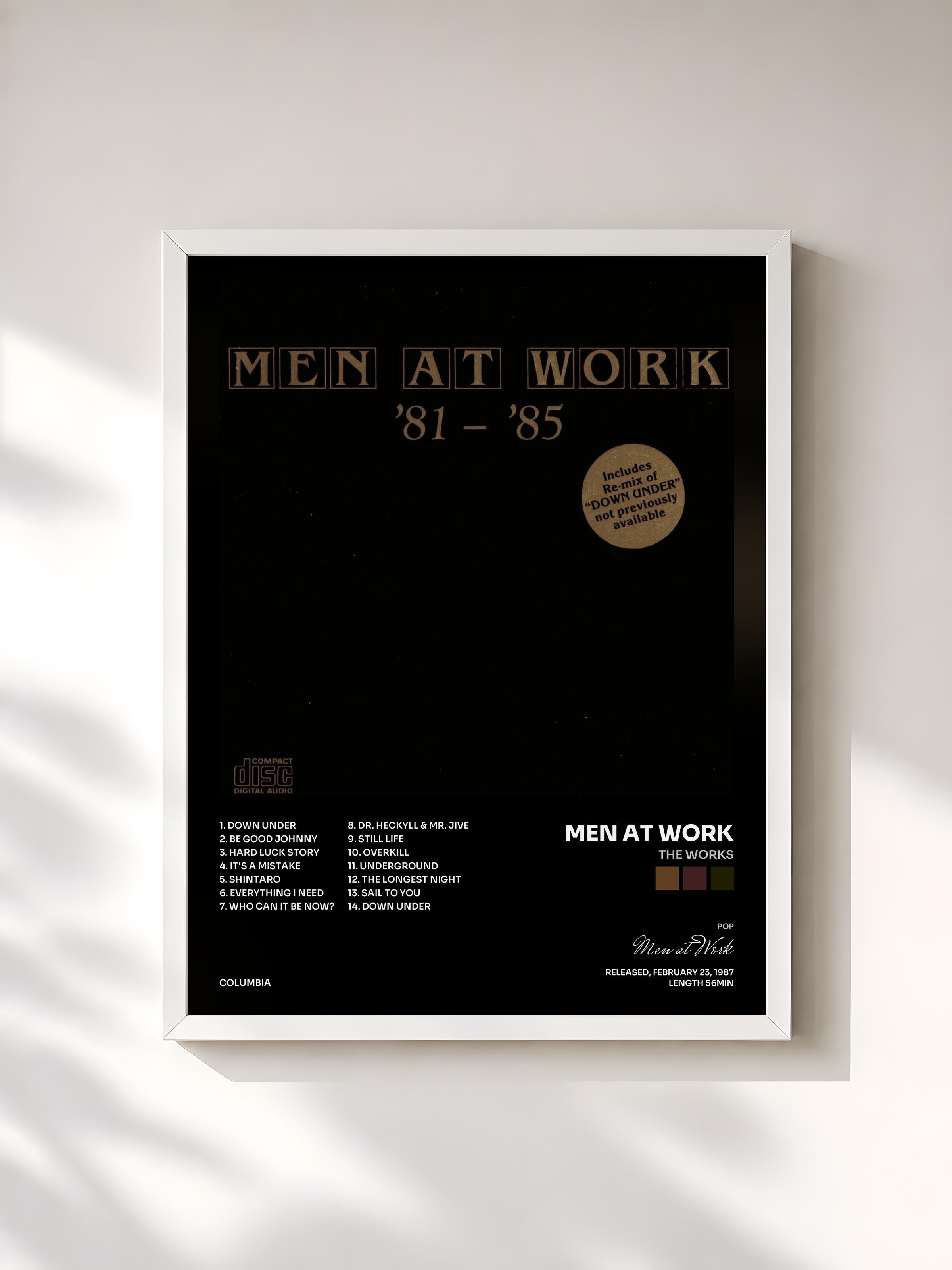 #blanc Tableau de l'album The Works de Men at Work, cadre blanc, imprimé et encadré en France