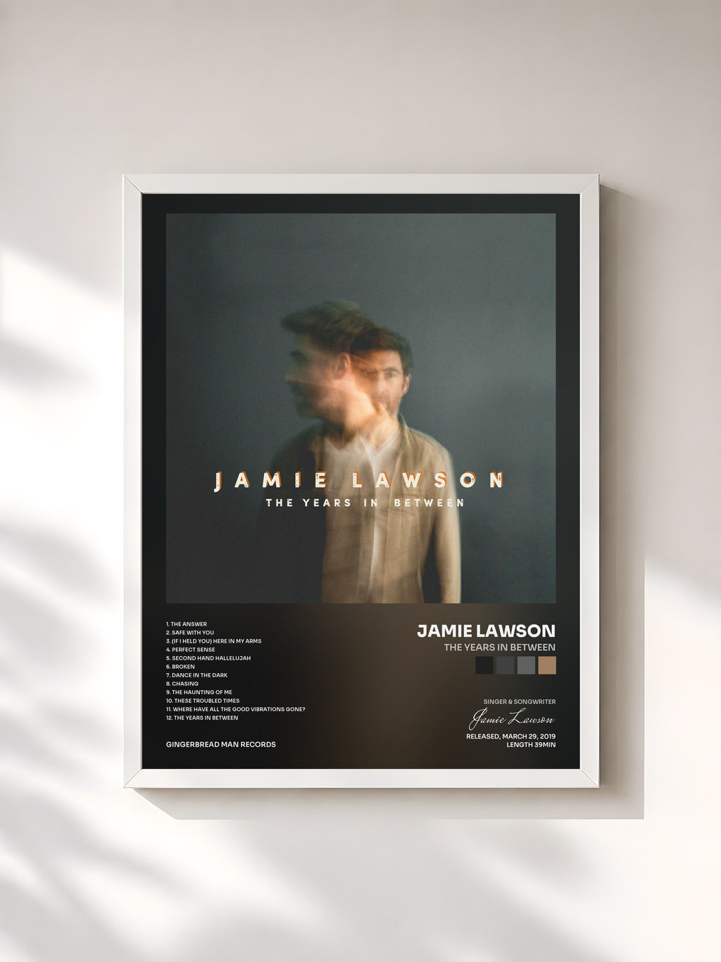 #blanc Tableau de l'album The Years in Between de Jamie Lawson, cadre blanc, imprimé et encadré en France