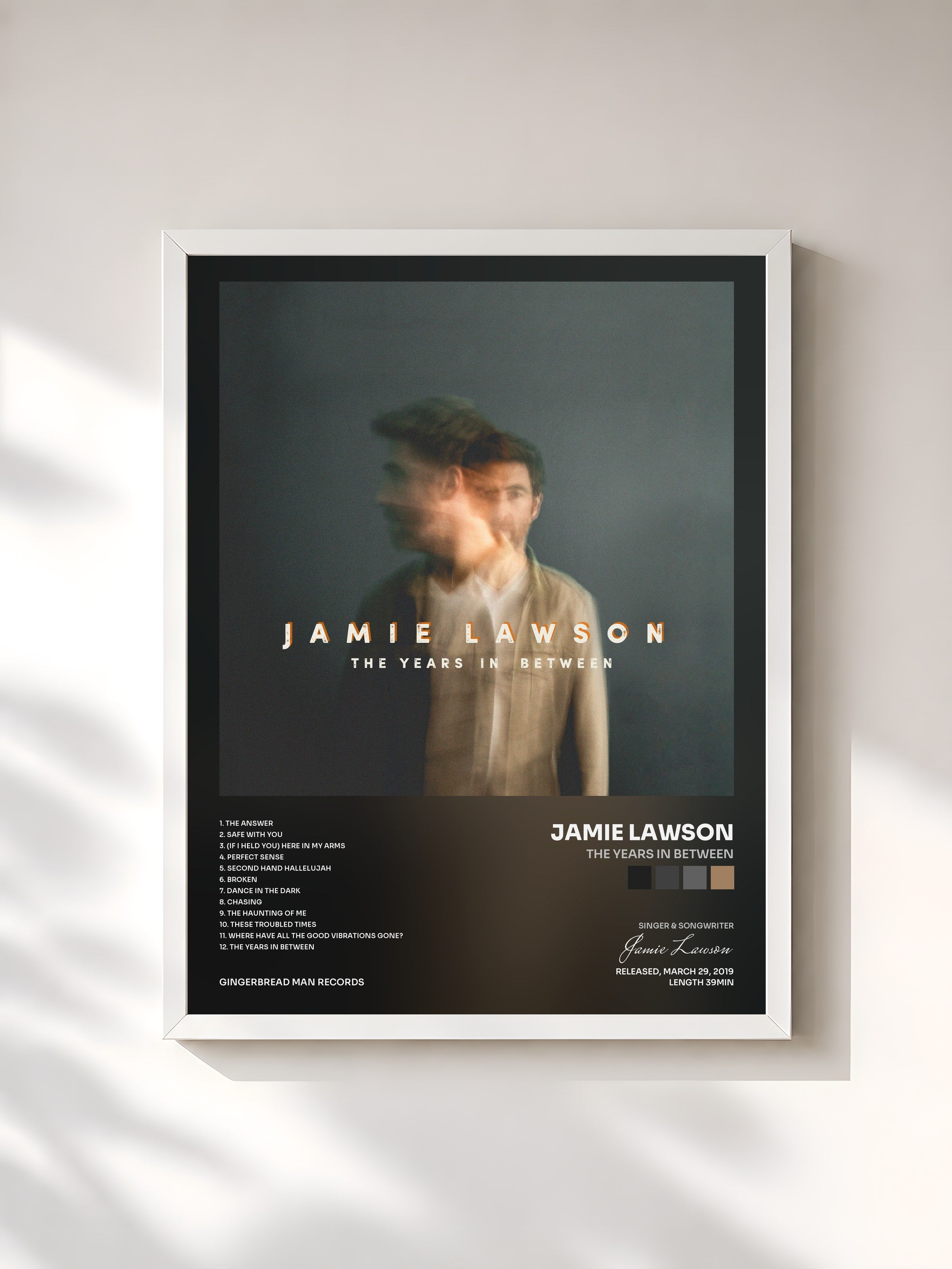 #blanc Tableau de l'album The Years in Between de Jamie Lawson, cadre blanc, imprimé et encadré en France