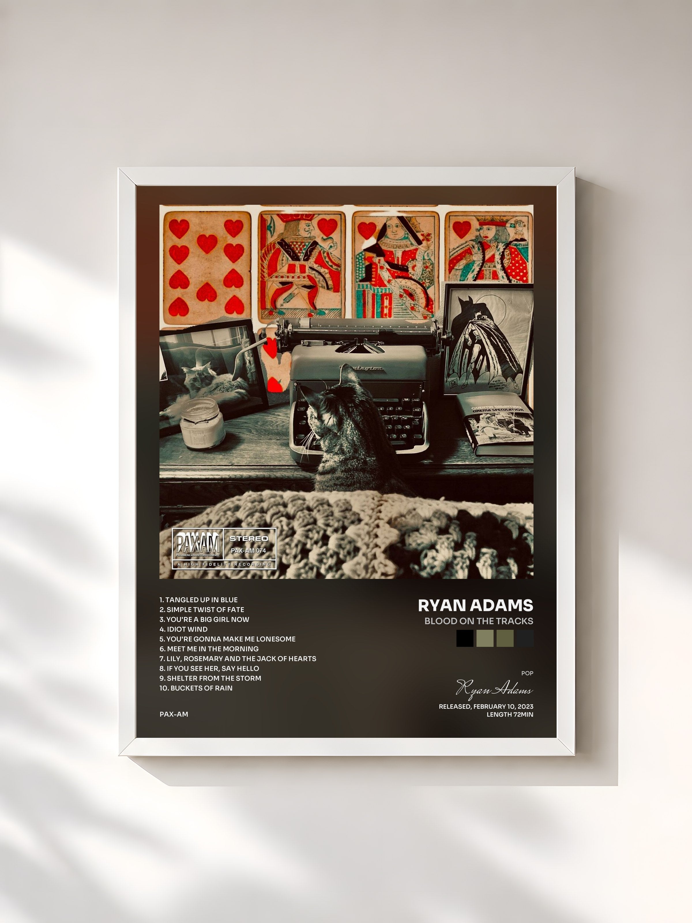 #blanc Tableau de l'album Blood on the Tracks de Ryan Adams, cadre blanc, imprimé et encadré en France