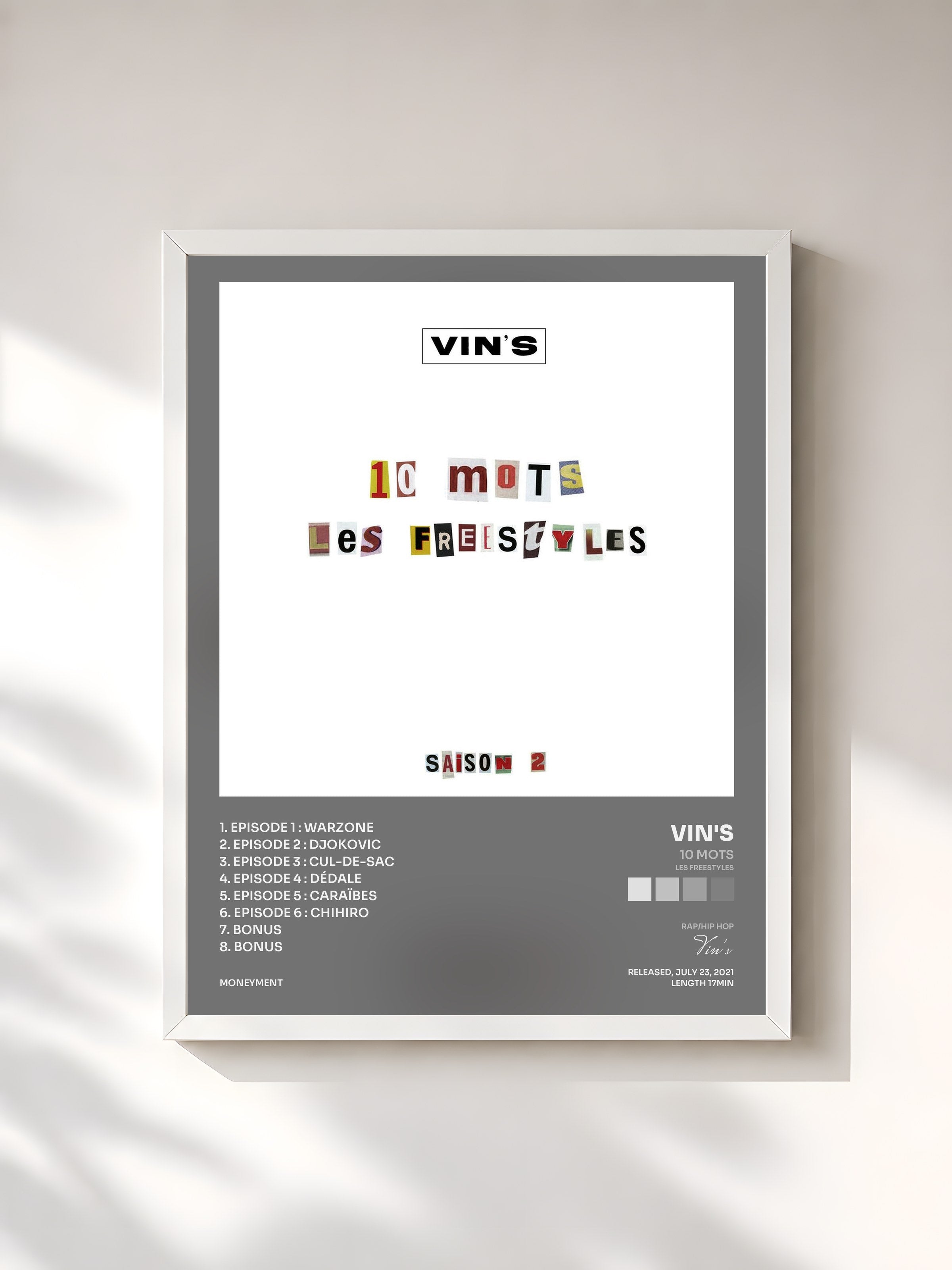 #blanc Tableau de l'album 10 mots (Les freestyles) [Saison 2] de Vin's, cadre blanc, imprimé et encadré en France