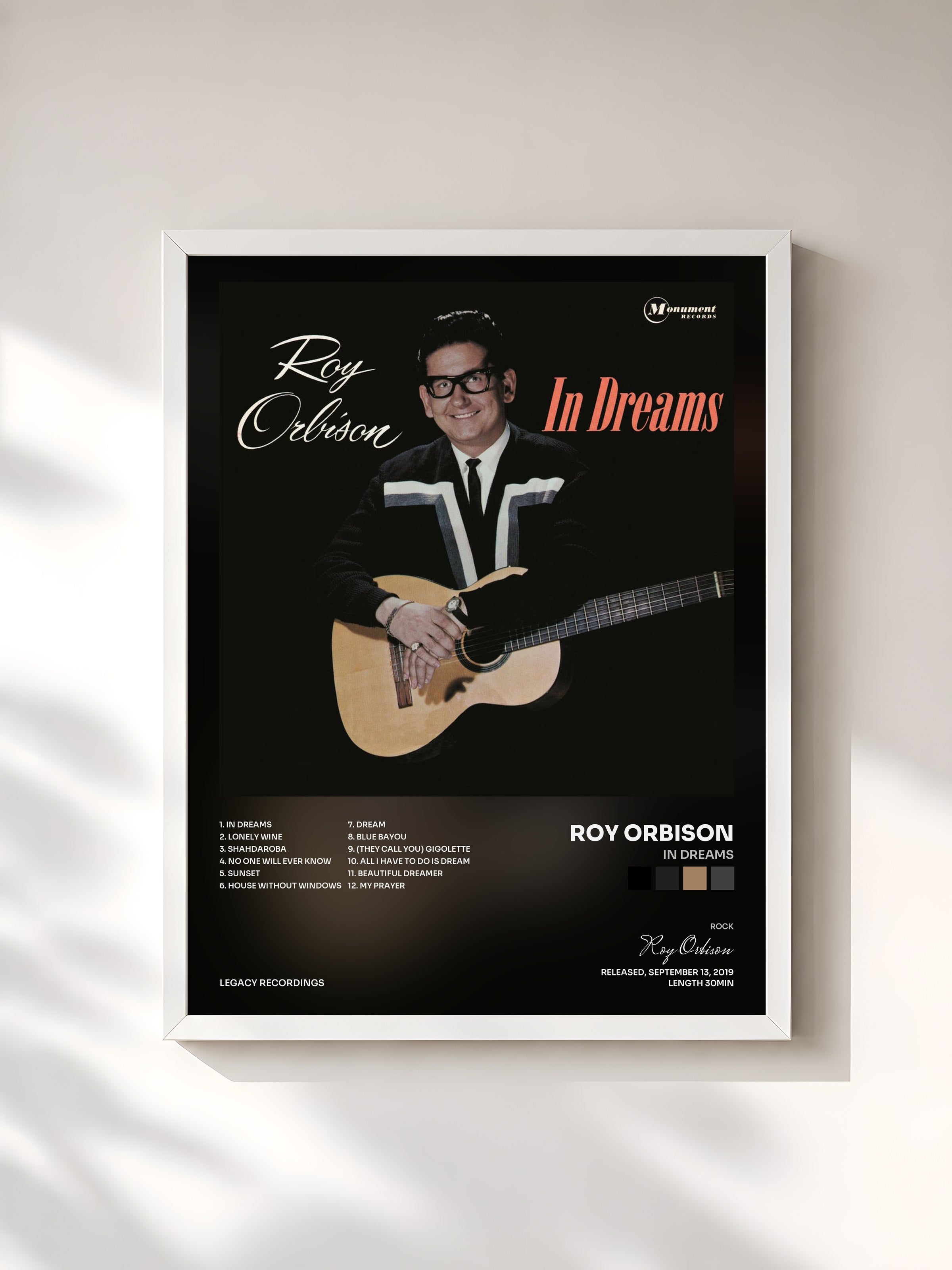 #blanc Tableau de l'album In Dreams de Roy Orbison, cadre blanc, imprimé et encadré en France