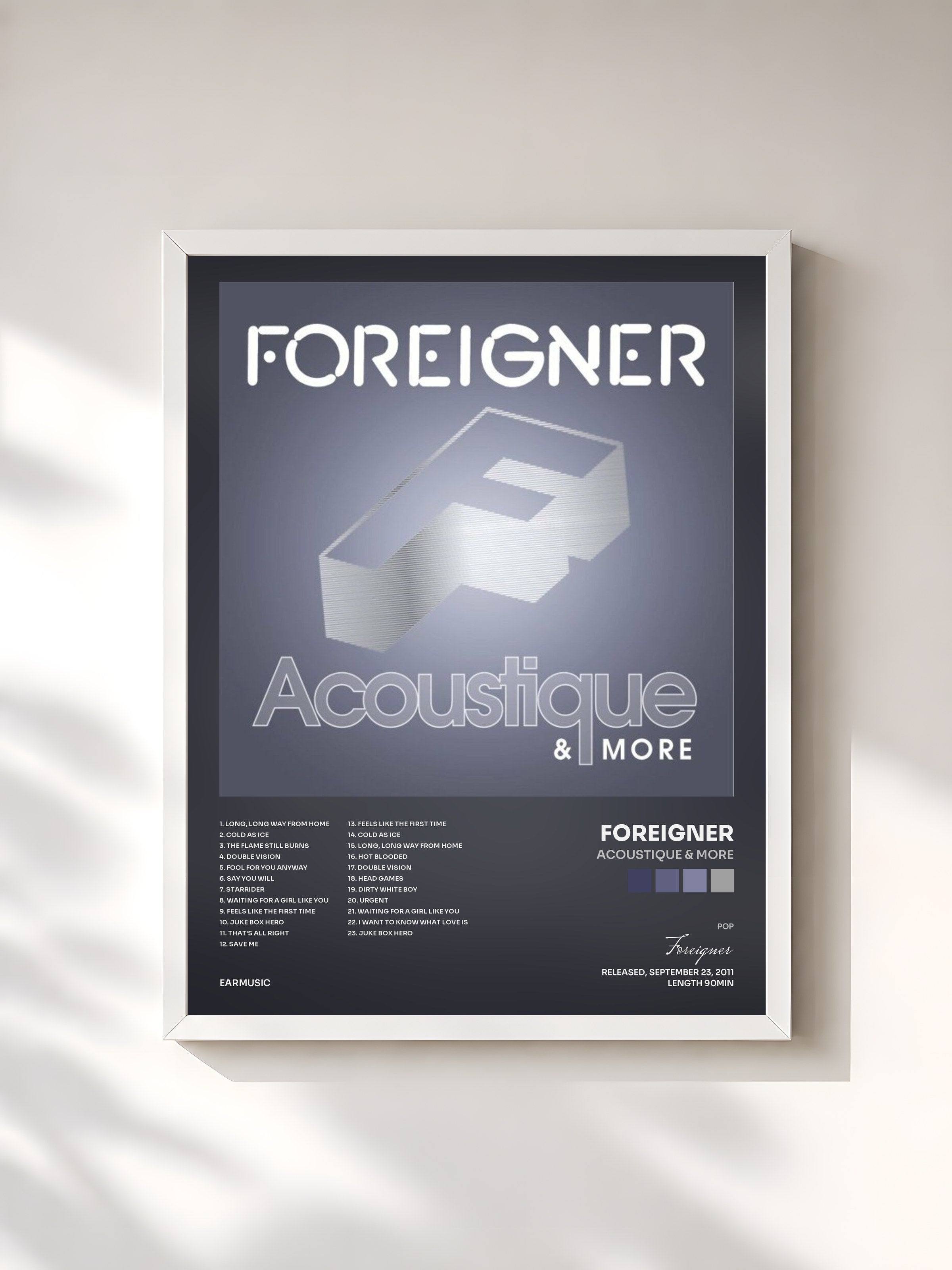 #blanc Tableau de l'album Acoustique & More de Foreigner, cadre blanc, imprimé et encadré en France
