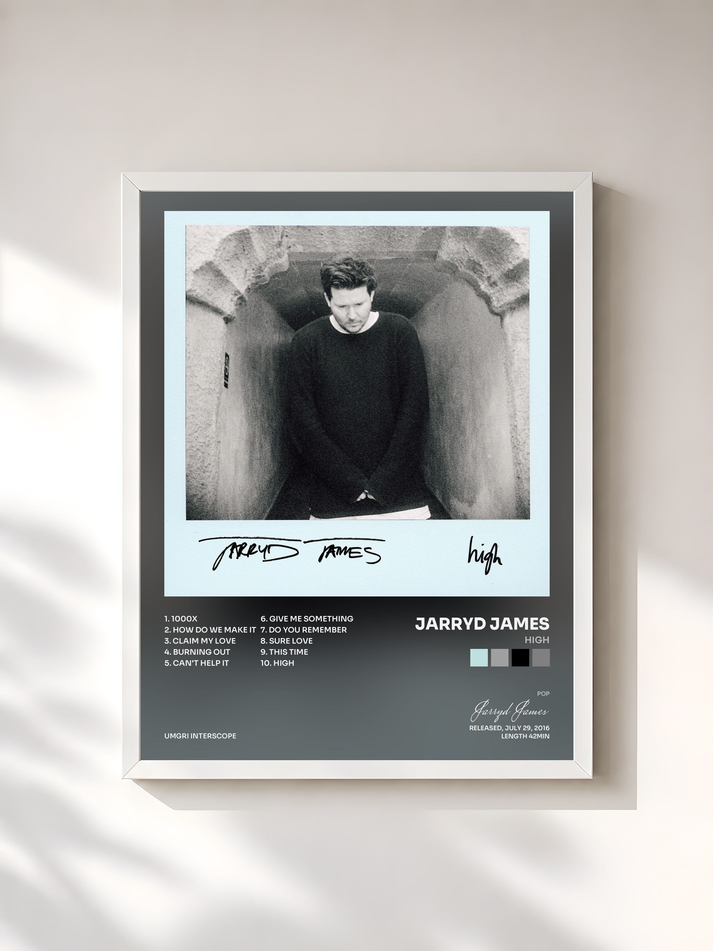 #blanc Tableau de l'album High de Jarryd James, cadre blanc, imprimé et encadré en France