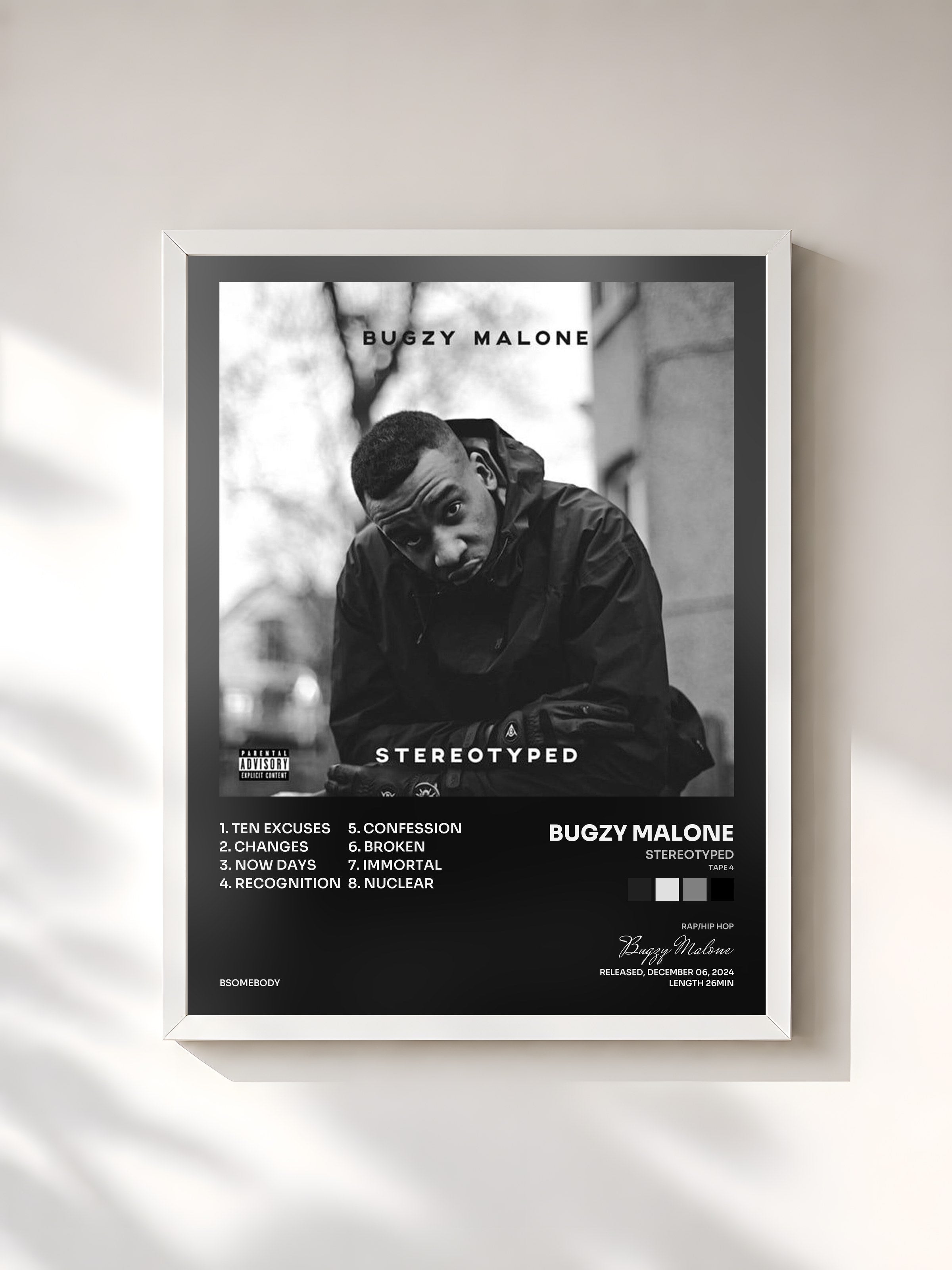 #blanc Tableau de l'album Stereotyped (Tape 4) de Bugzy Malone, cadre blanc, imprimé et encadré en France