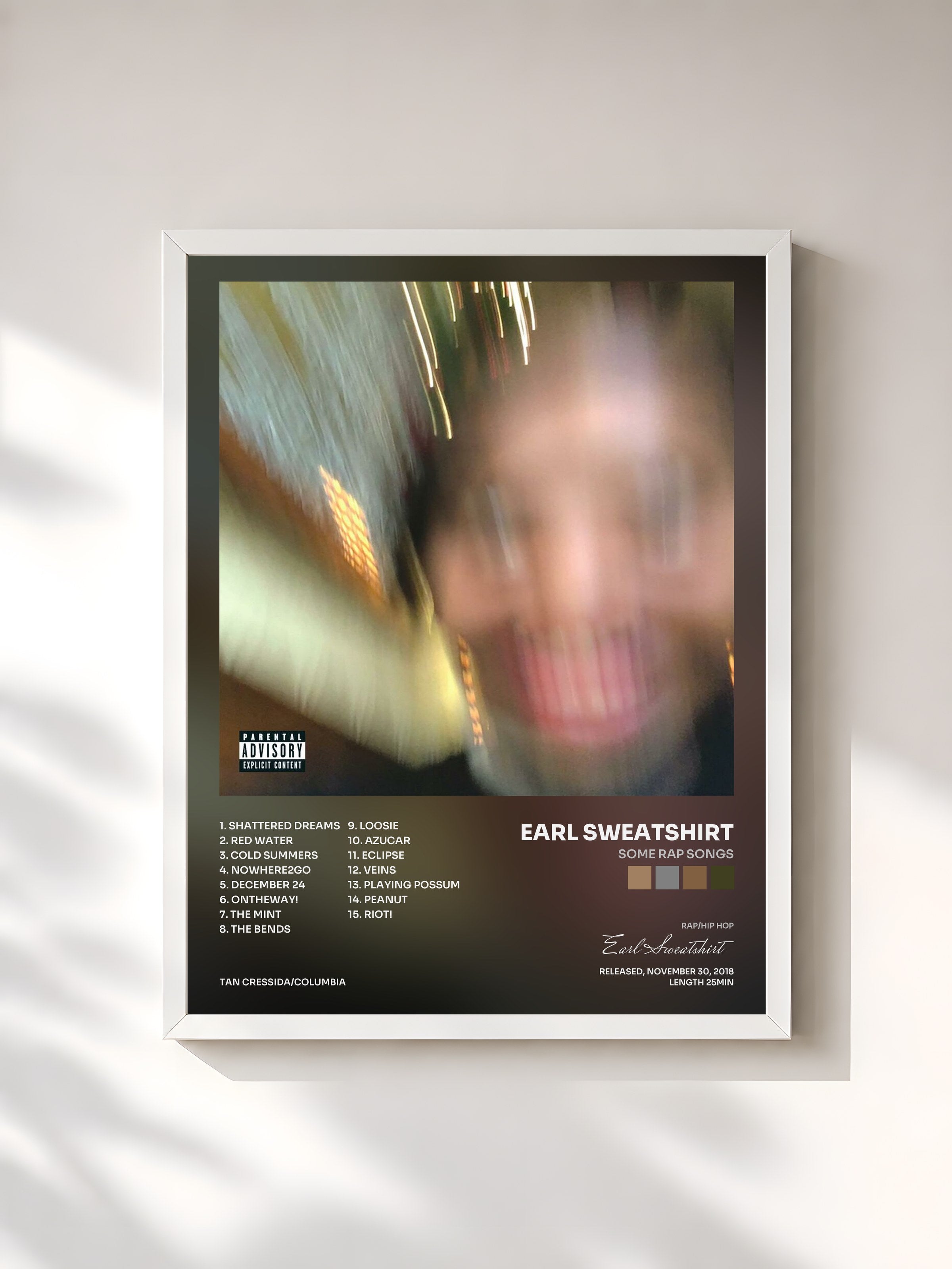 #blanc Tableau de l'album Some Rap Songs de Earl Sweatshirt, cadre blanc, imprimé et encadré en France