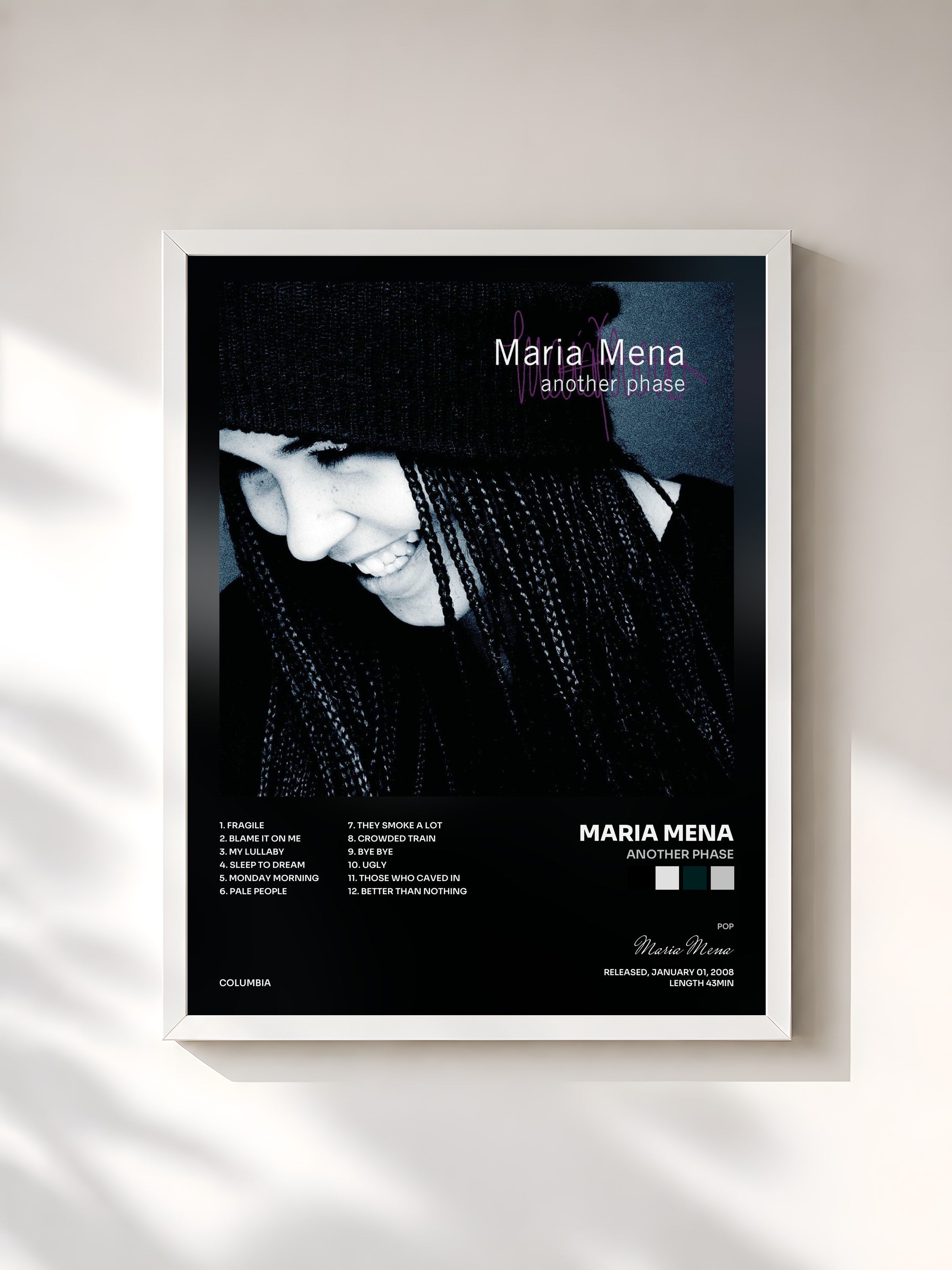 #blanc Tableau de l'album Another Phase de Maria Mena, cadre blanc, imprimé et encadré en France