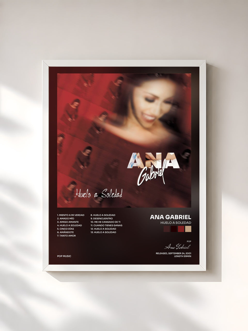 #blanc Tableau de l'album Huelo a Soledad de Ana Gabriel, cadre blanc, imprimé et encadré en France