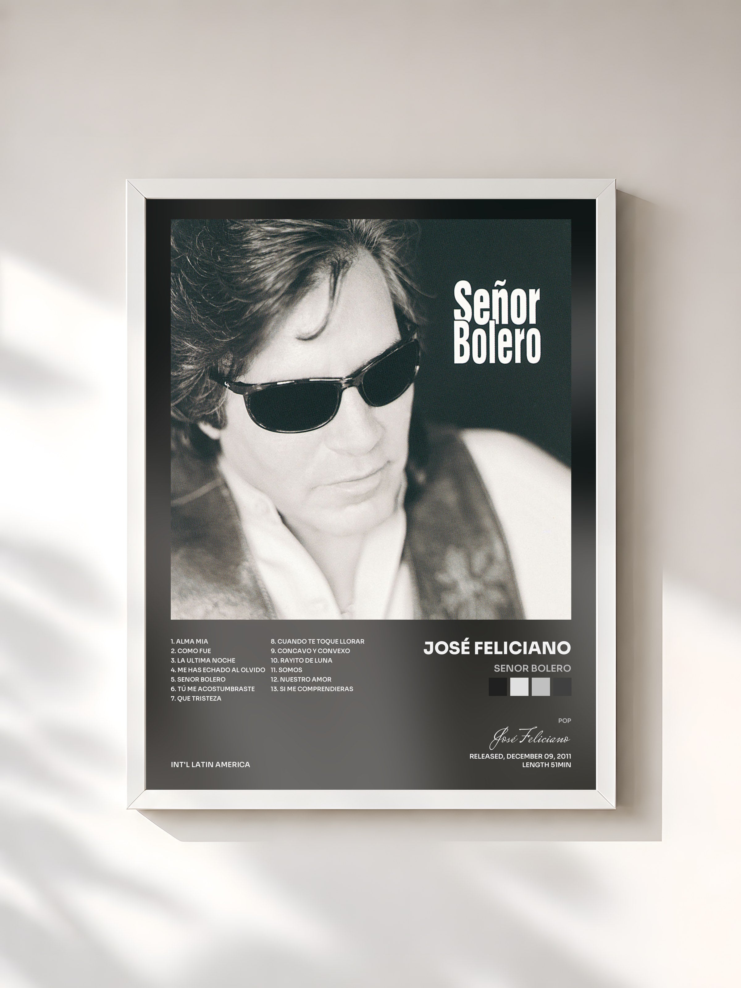 #blanc Tableau de l'album Senor Bolero de José Feliciano, cadre blanc, imprimé et encadré en France