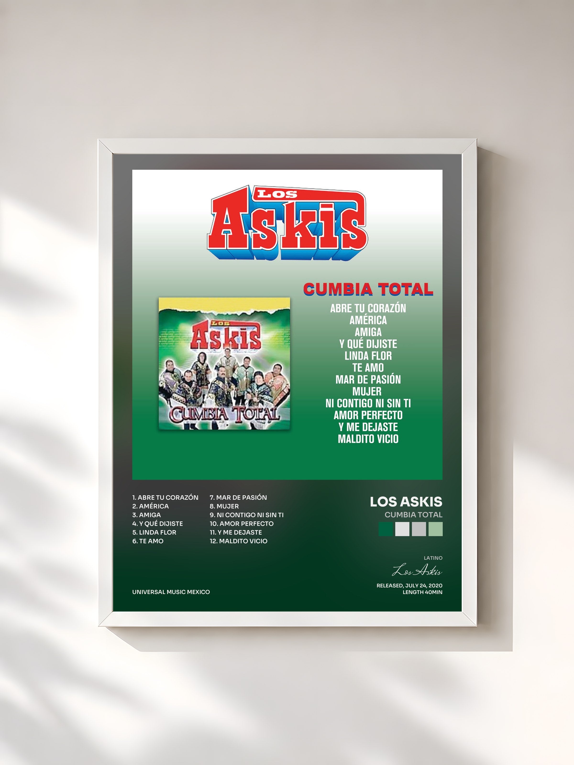 #blanc Tableau de l'album Cumbia Total de Los Askis, cadre blanc, imprimé et encadré en France