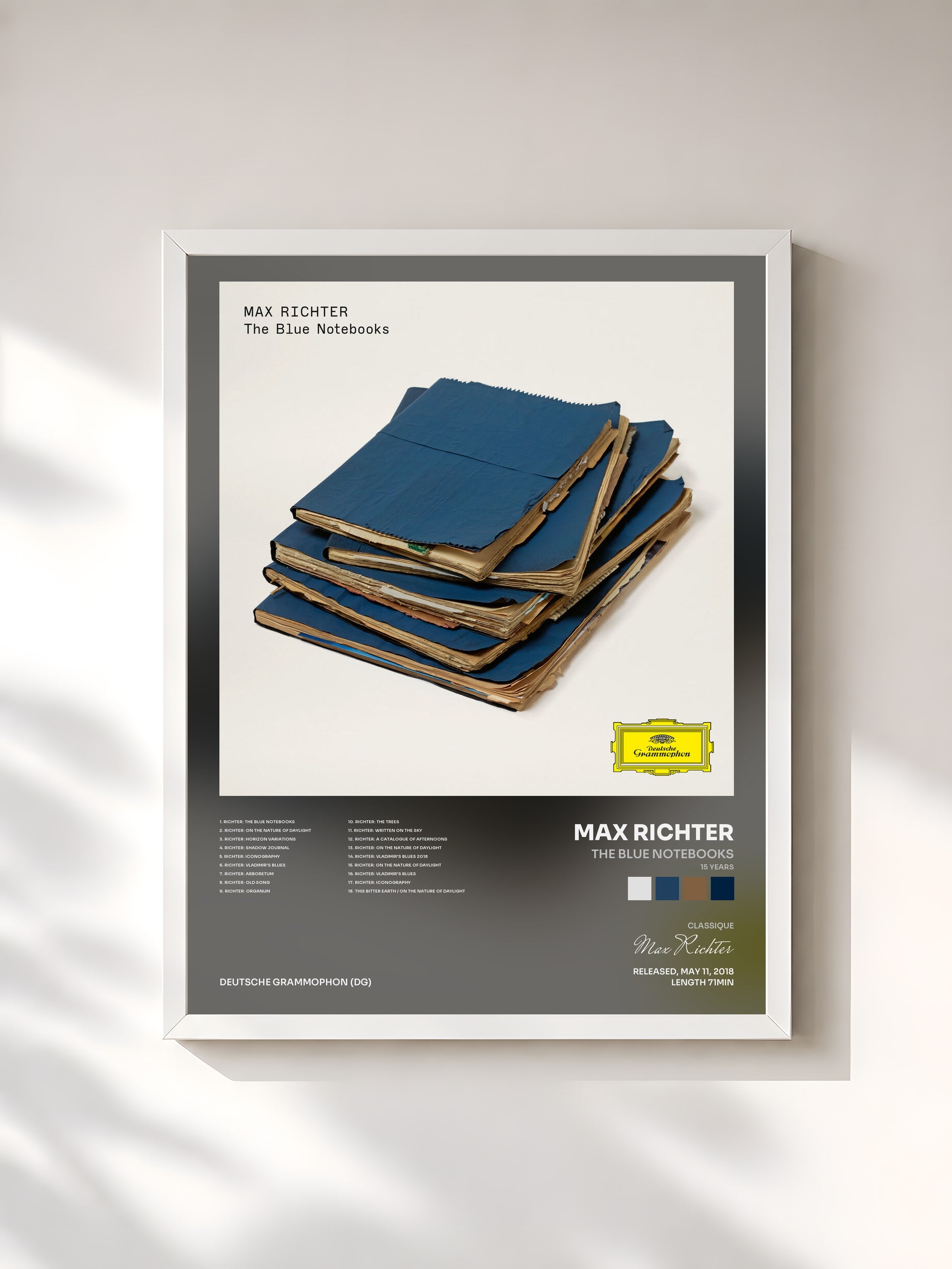 #blanc Tableau de l'album The Blue Notebooks (15 Years) de Max Richter, cadre blanc, imprimé et encadré en France