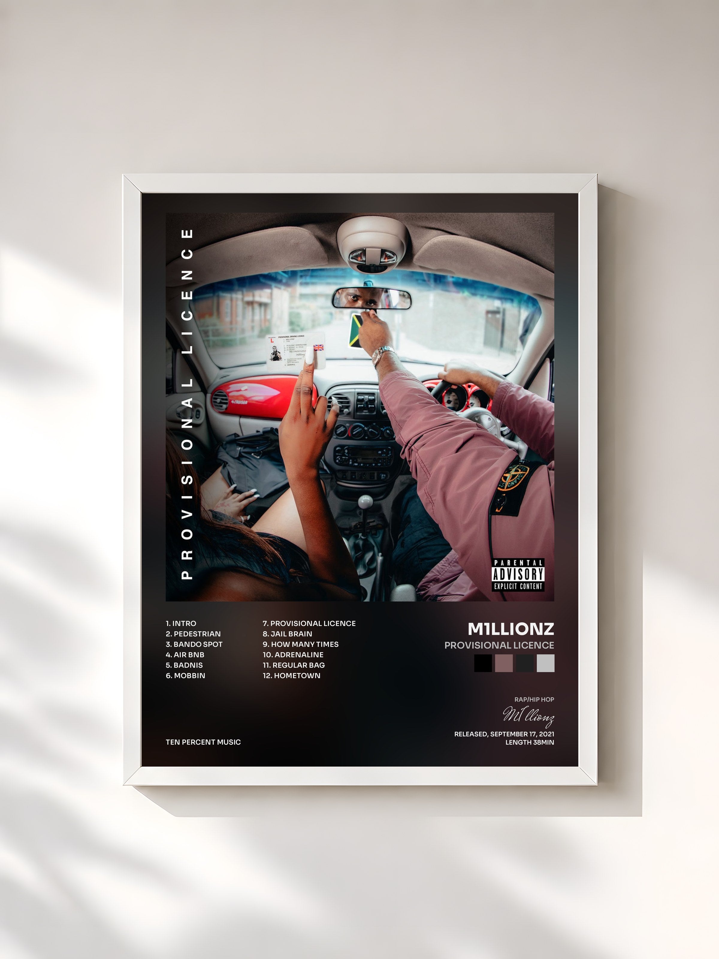 #blanc Tableau de l'album Provisional Licence de M1llionz, cadre blanc, imprimé et encadré en France