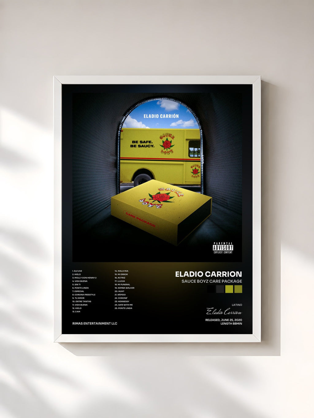 #blanc Sauce Boyz Care Package von Eladio Carrion als gerahmter Kunstdruck, weißer Rahmen, gedruckt und gerahmt in Frankreich