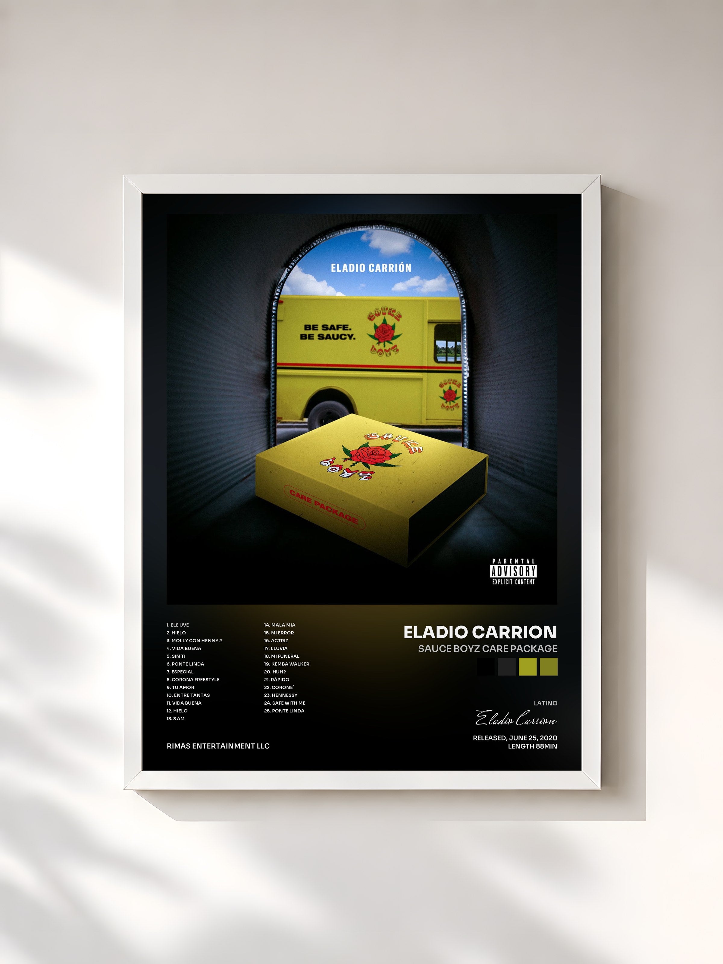 #blanc Tableau de l'album Sauce Boyz Care Package de Eladio Carrion, cadre blanc, imprimé et encadré en France