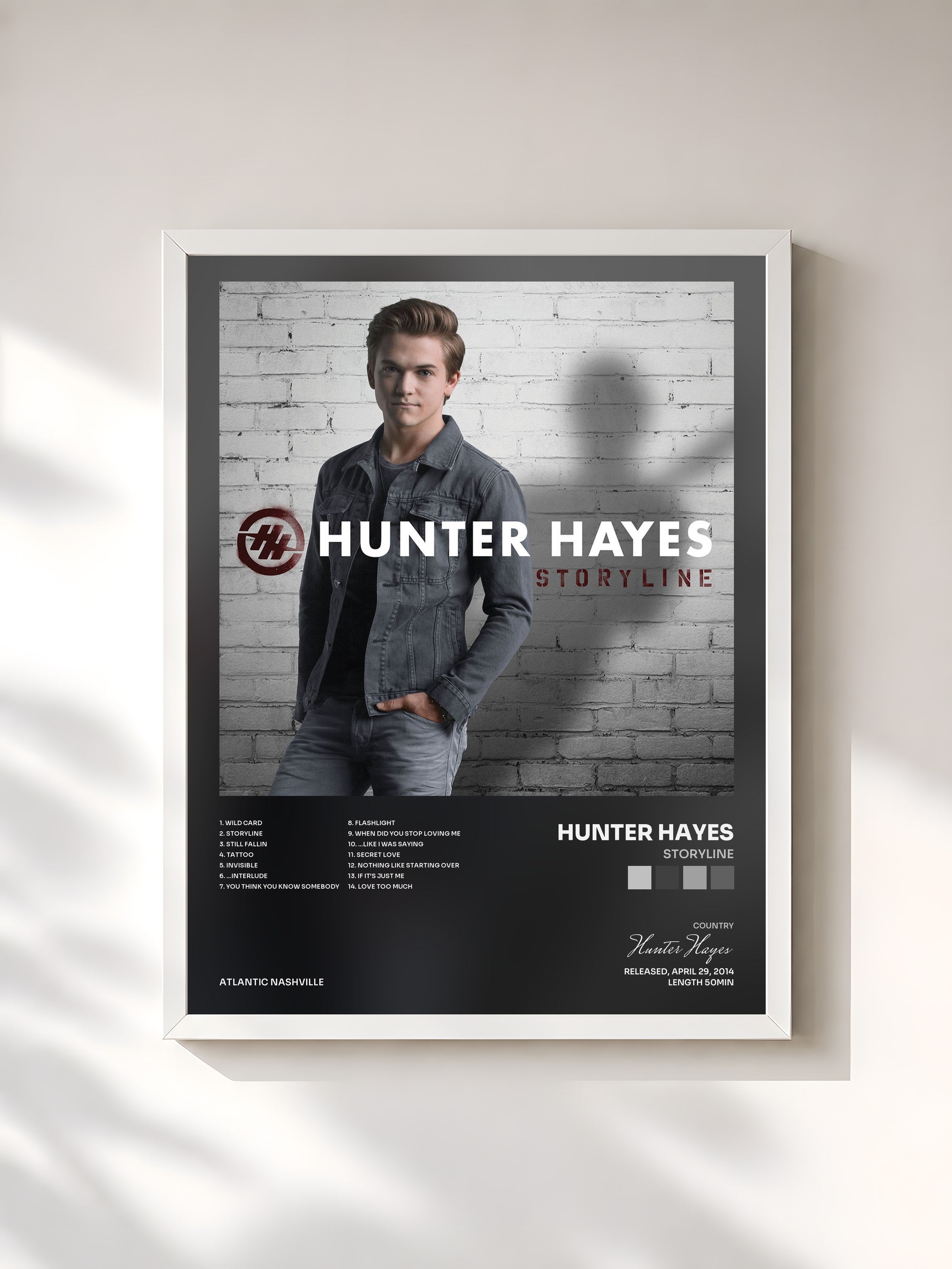 #blanc Tableau de l'album Storyline de Hunter Hayes, cadre blanc, imprimé et encadré en France