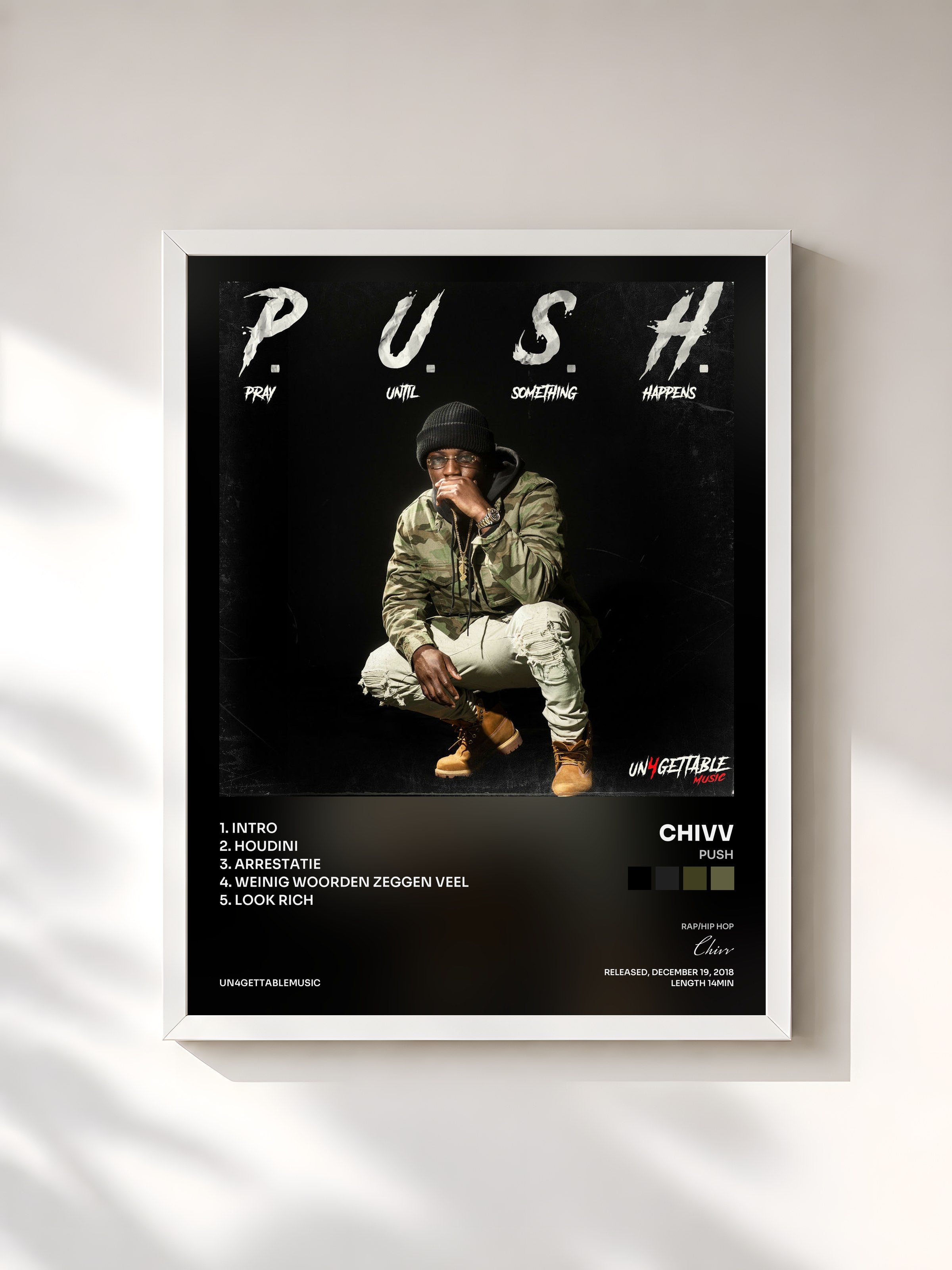 #blanc Tableau de l'album PUSH de Chivv, cadre blanc, imprimé et encadré en France