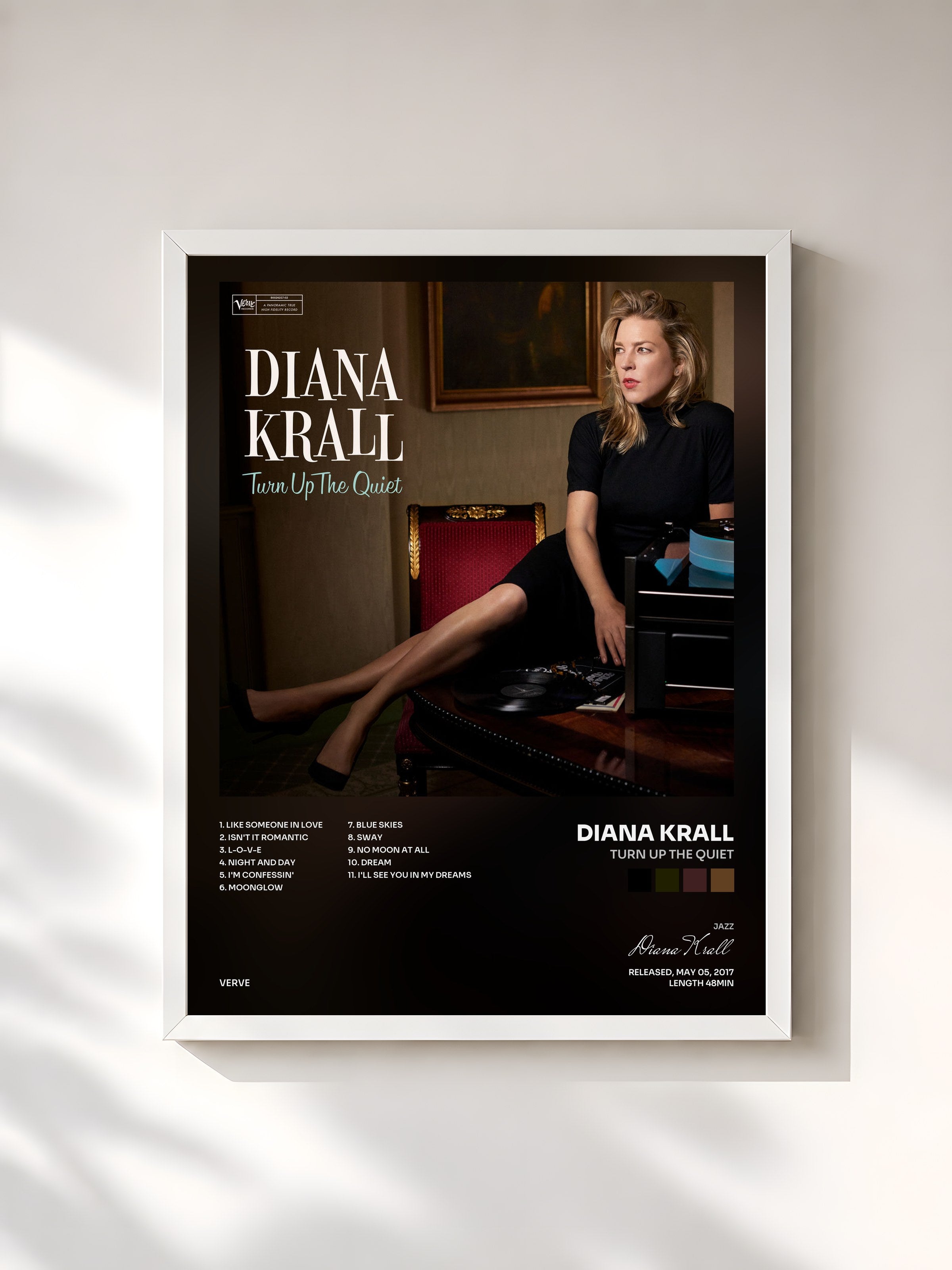 #blanc Tableau de l'album Turn Up The Quiet de Diana Krall, cadre blanc, imprimé et encadré en France