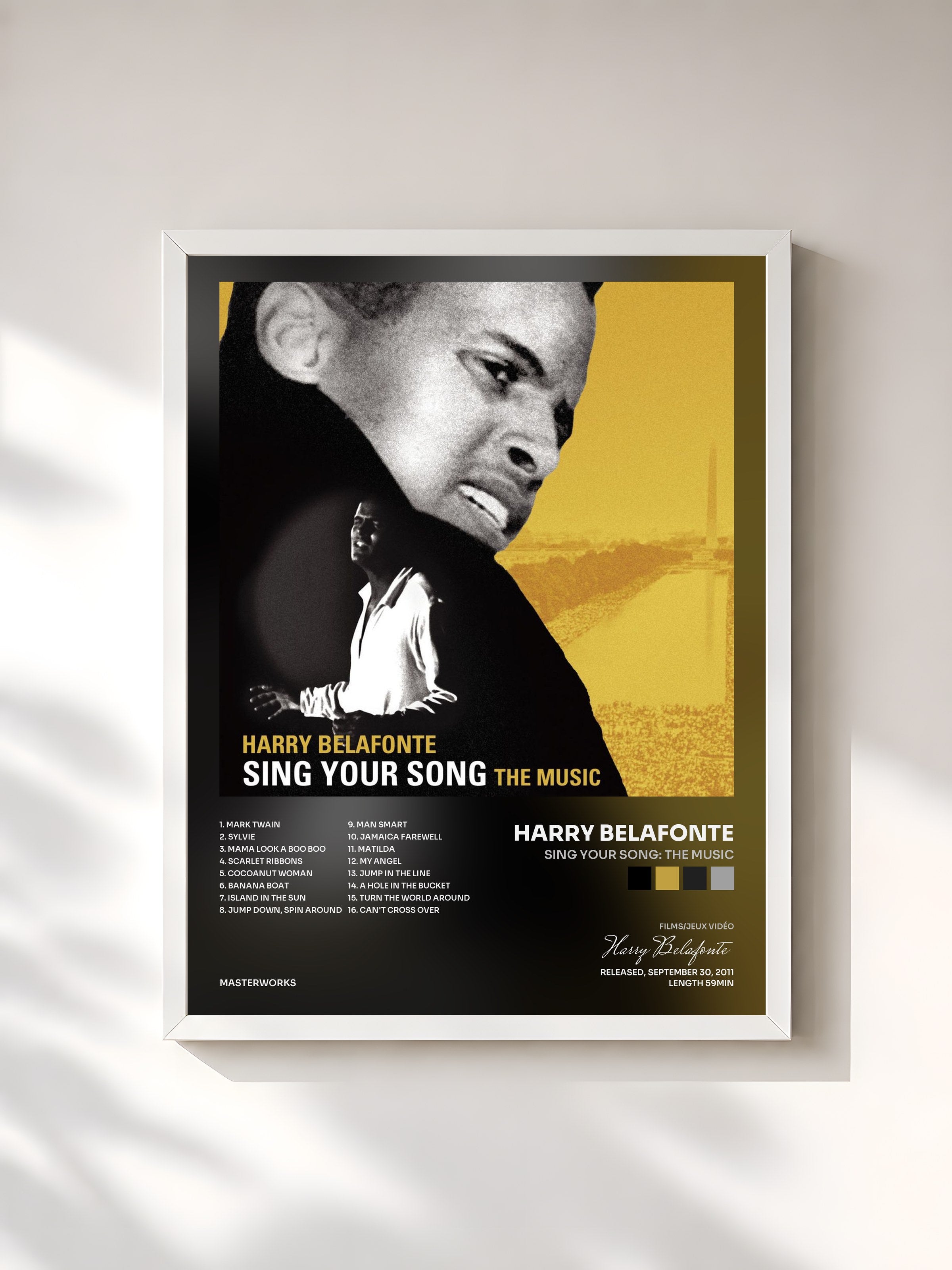 #blanc Tableau de l'album SING YOUR SONG: The Music de Harry Belafonte, cadre blanc, imprimé et encadré en France
