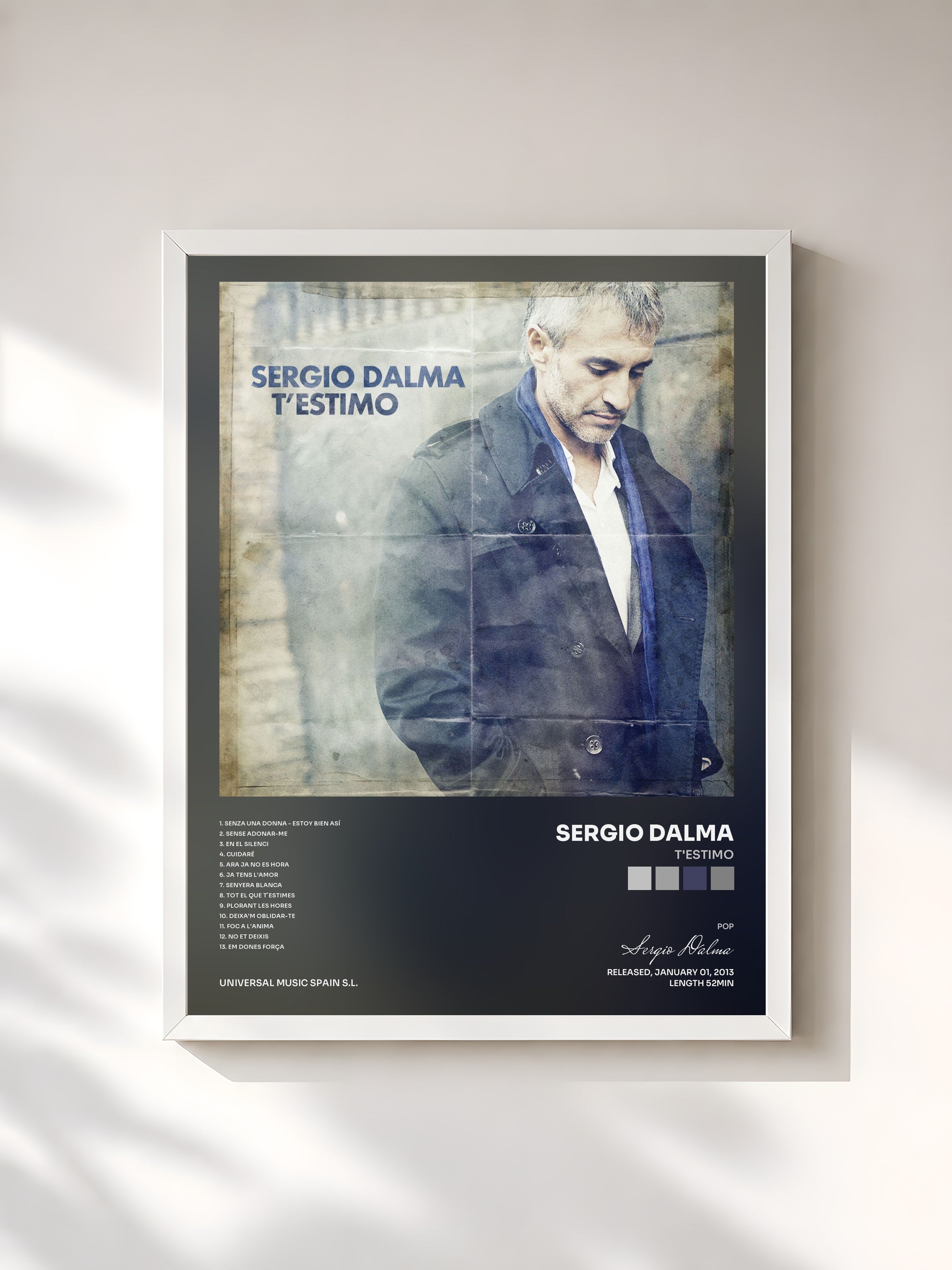 #blanc Tableau de l'album T'estimo de Sergio Dalma, cadre blanc, imprimé et encadré en France