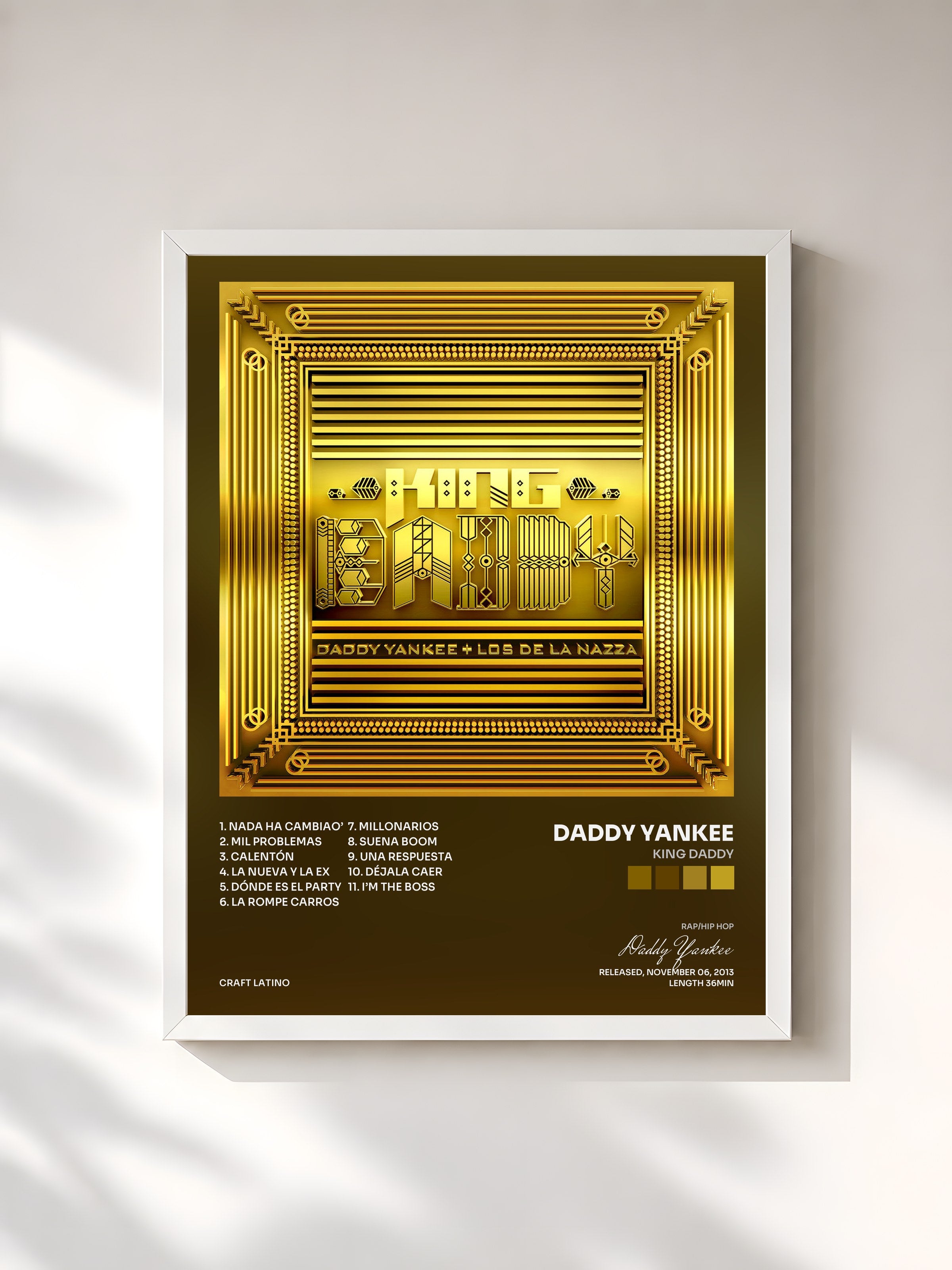 #blanc Tableau de l'album King Daddy de Daddy Yankee, cadre blanc, imprimé et encadré en France