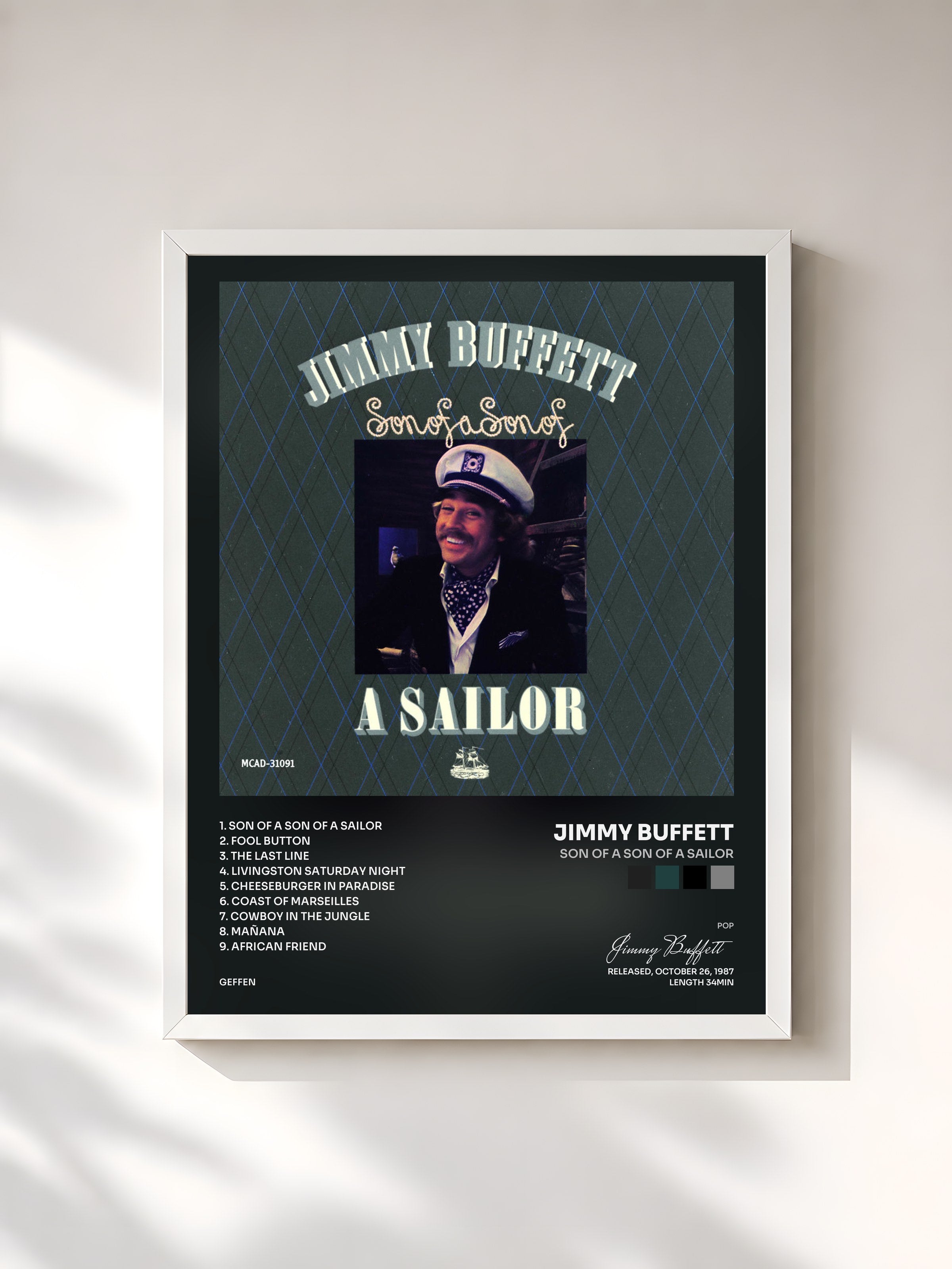 #blanc Tableau de l'album Son Of A Son Of A Sailor de Jimmy Buffett, cadre blanc, imprimé et encadré en France